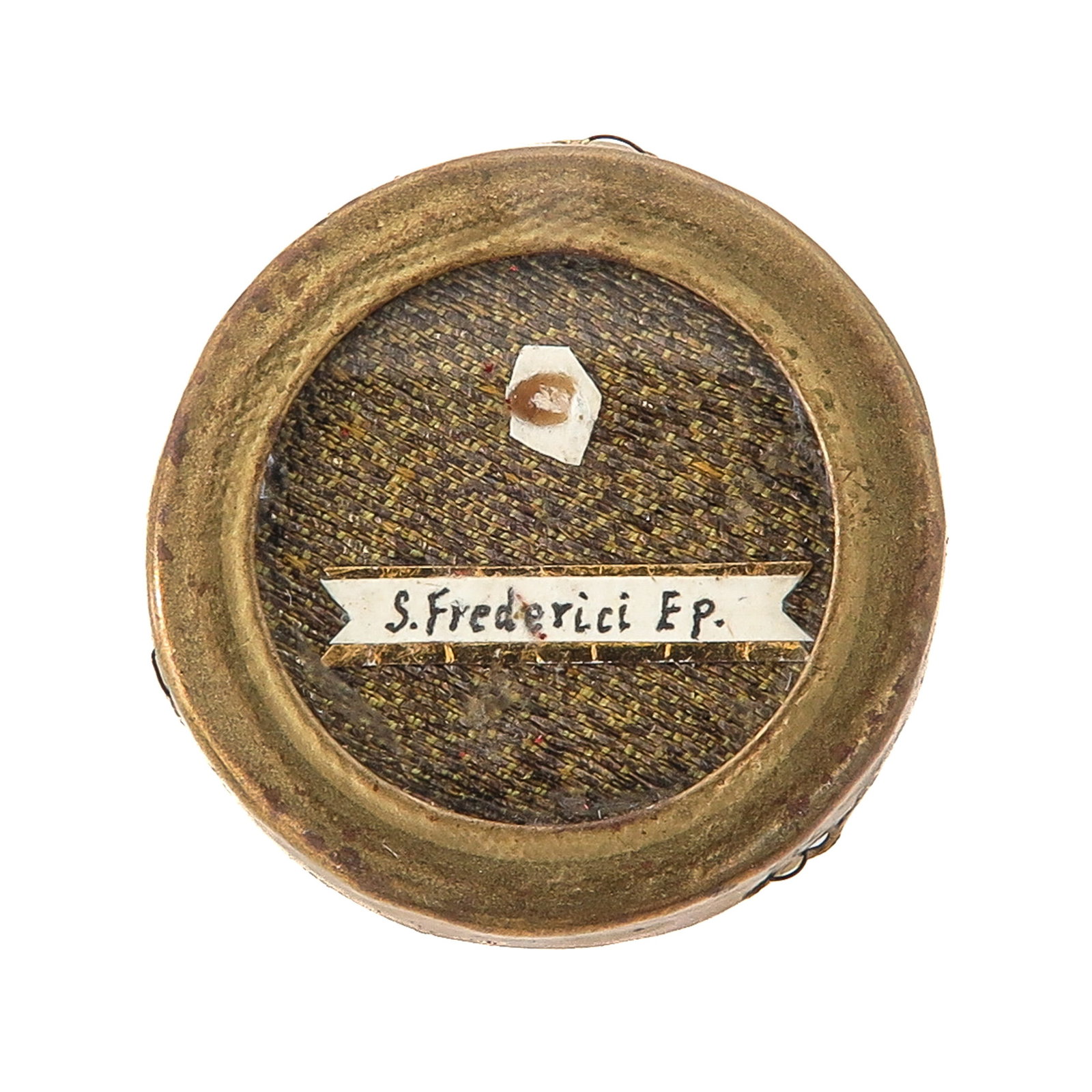 Sealed Theca: containing a relic of Saint Frederick (bishop, patron against diseases and protector of the faithful) with certificate, diameter 3 cm., you are purchasing the reliquary, the relics are a gift