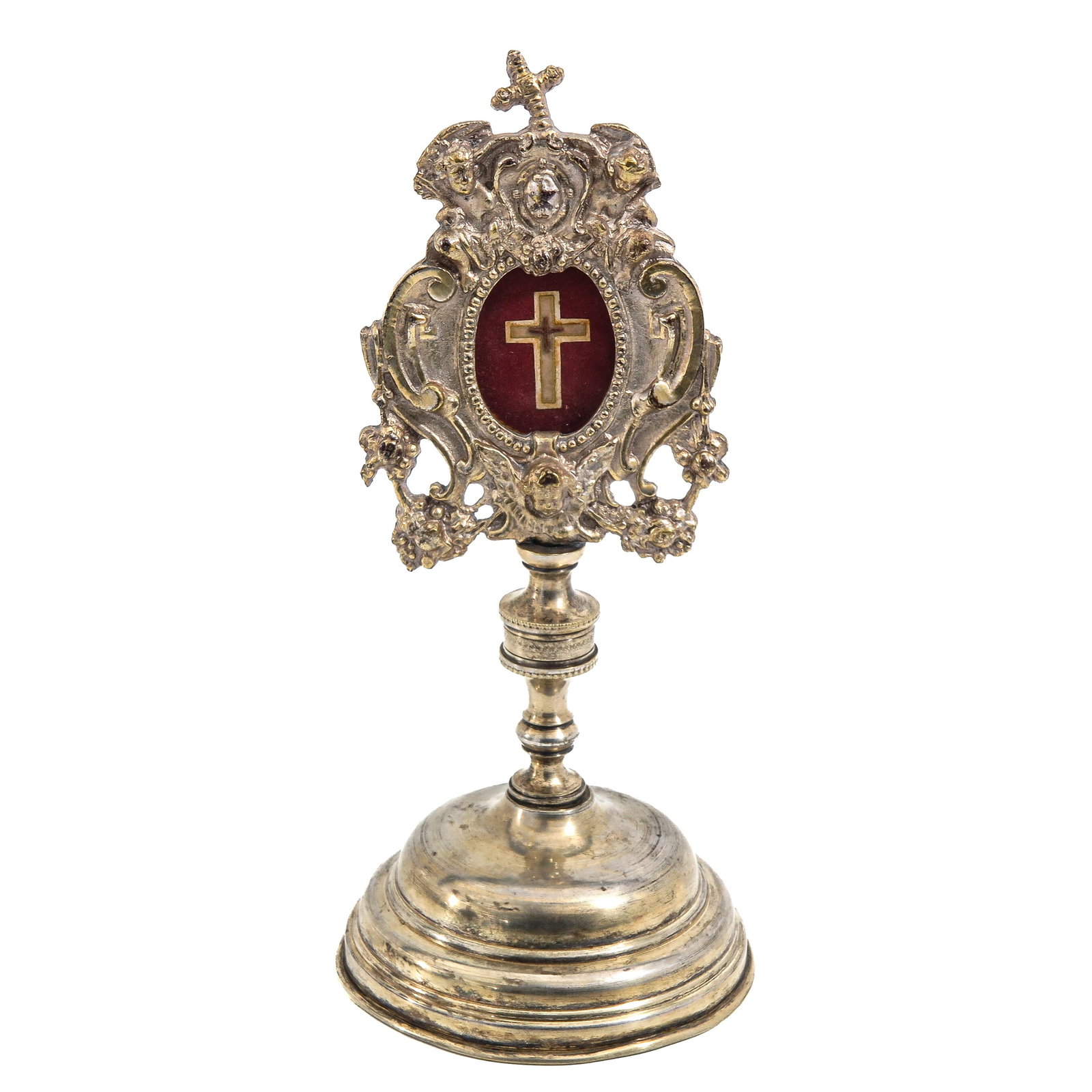 Reliquary monstrance: containing a relic of the Holy Cross, crowned with a cross and flanked by angels, height 22 cm., you are purchasing the case, the relics are a gift