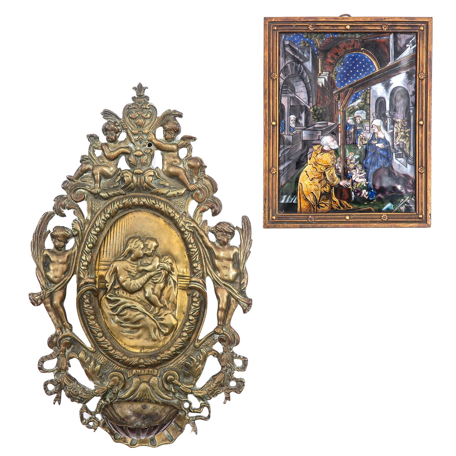 Lot: consisting of a holy water font with putti decoration and a Limoges enamel plaque with a biblical scene, 14 x 18 cm.