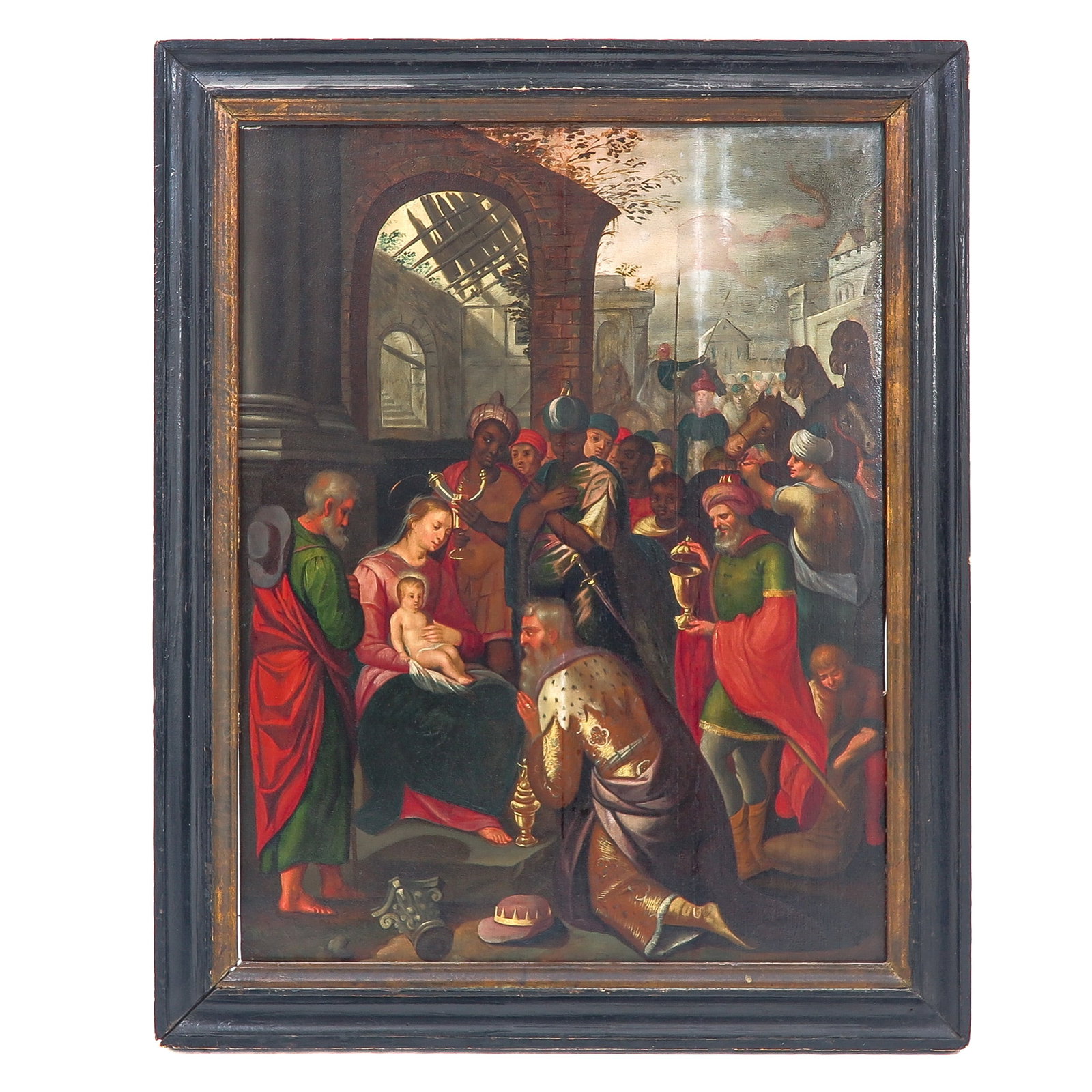A 17th/18th Century Religious Paintiing: oil on panel, 17th/18th century, depicting the Adoration of the Magi, 53 x 68 cm.