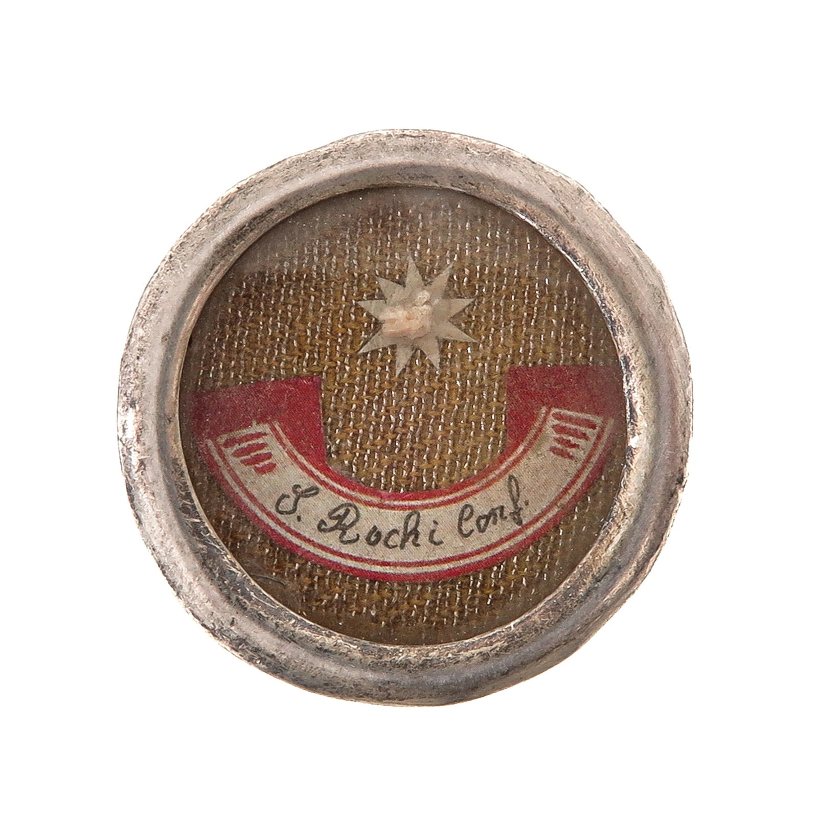Sealed Theca: containing a relic of Saint Roch (confessor, patron against plague and infectious diseases), with certificate, diameter 4 cm., you are purchasing the reliquary, the relics are a gift