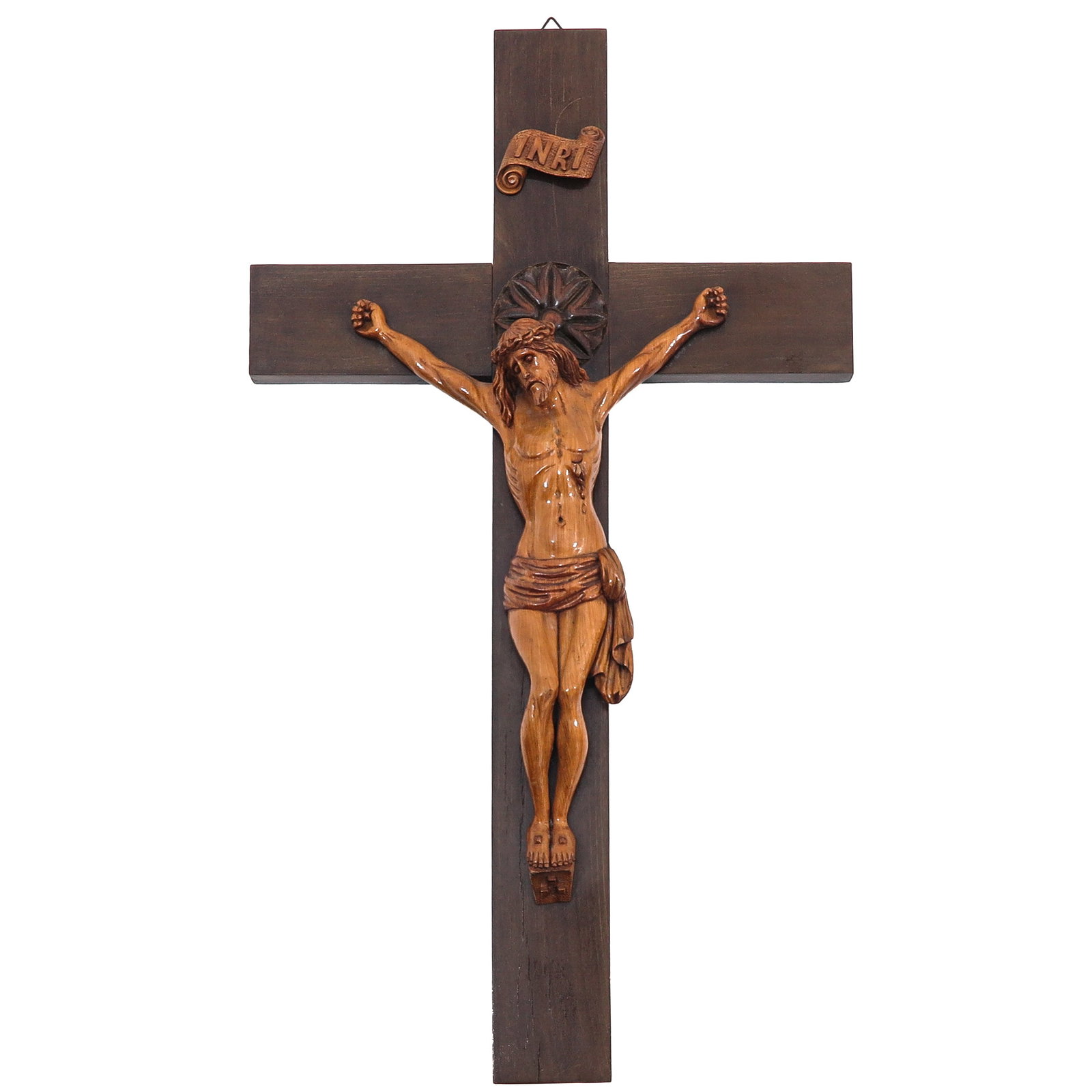 Crucifix: with corpus and INRI cartouche, carved wood, length 70 cm.