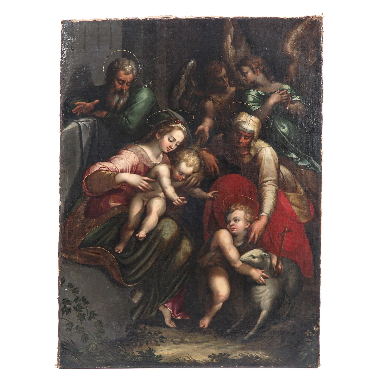 A 17th/18th Century Religious Paintiing: oil on canvas, marouflee, 17th/18th century, depicting the Holy Family with John the Baptist and angels, 78 x 104 cm.