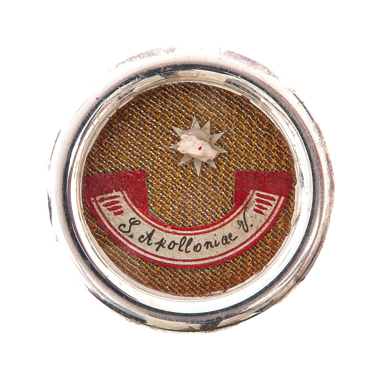 Sealed Theca: containing a relic of Saint Apollonia (virgin and martyr) with certificate, diameter 4 cm., you are purchasing the reliquary, the relics are a gift