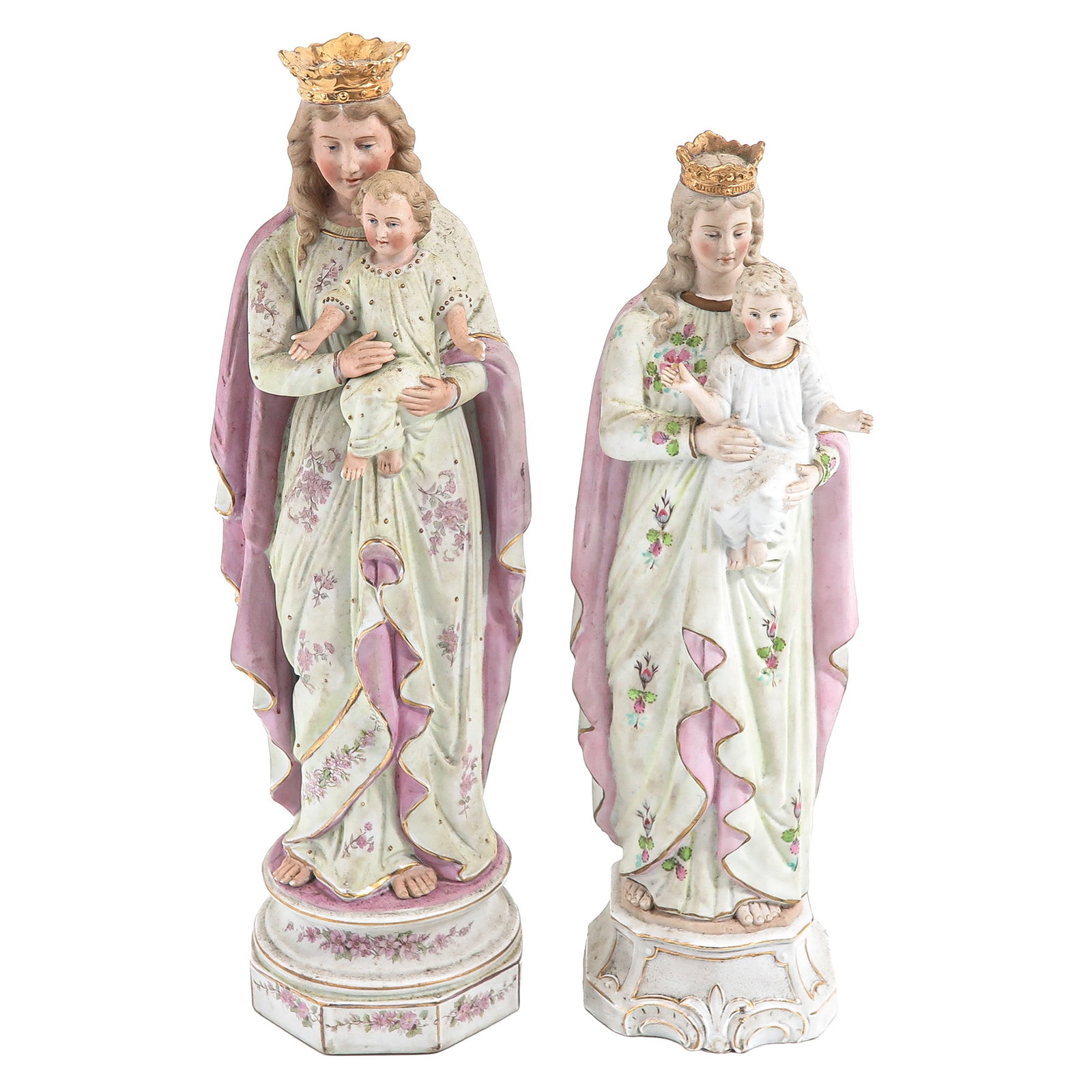 A Lot of 2 Biscuit Sculuptures: of 2 polychrome biscuit porcelain statues of Mary with Child, height 43 cm