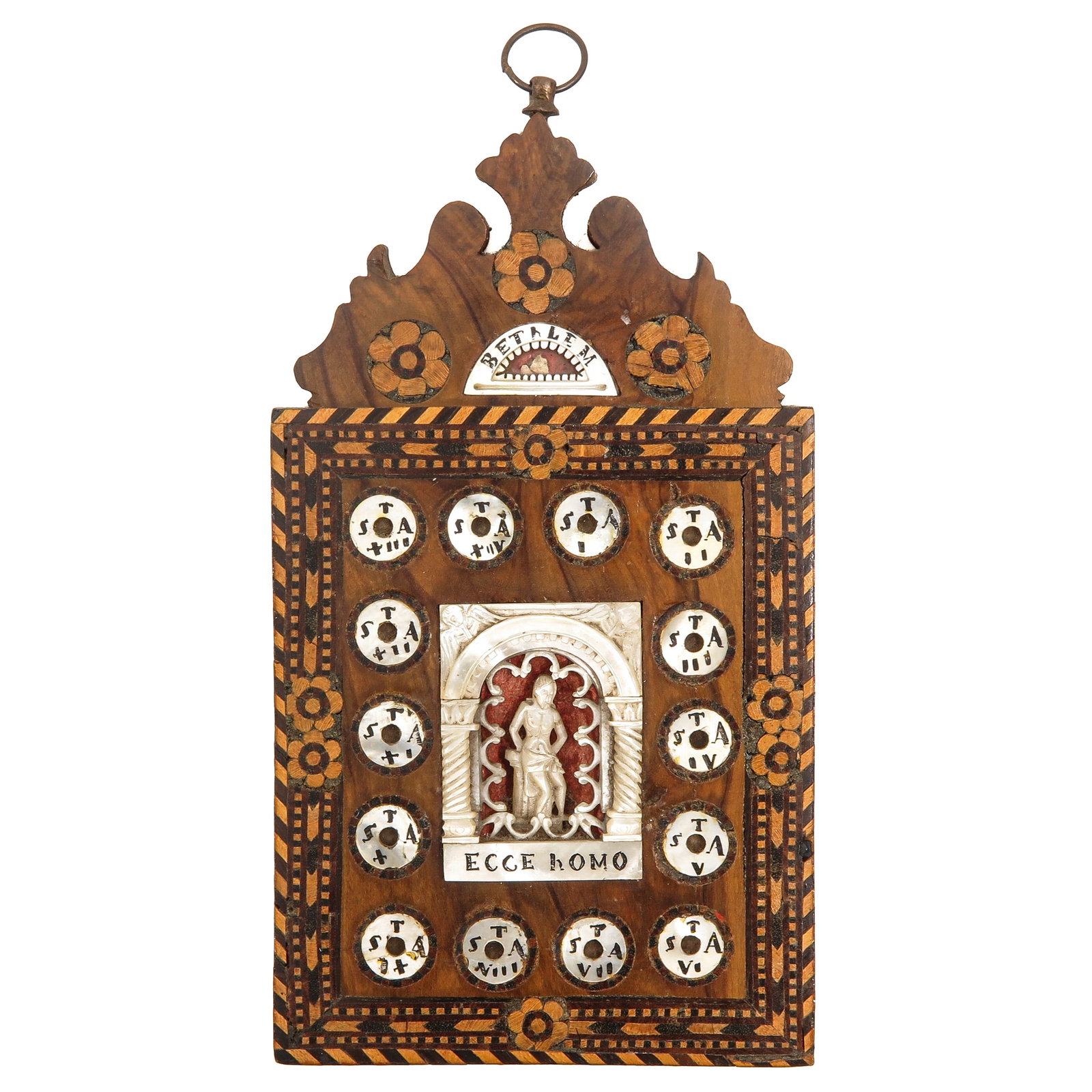 Reliquary holder: in wood with mother-of-pearl inlay, with 14 relics of the Passion of Christ and a relic from Bethlehem, with a central depiction of “Ecce Homo”, 11 x 21 cm.