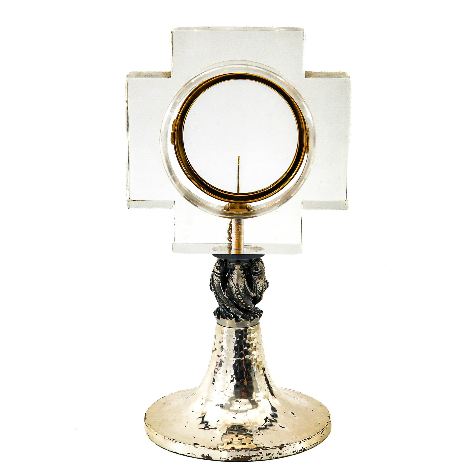 An Art Deco Monstrance: Art Deco, with acrylic cross on a base with fish, height 23 cm.