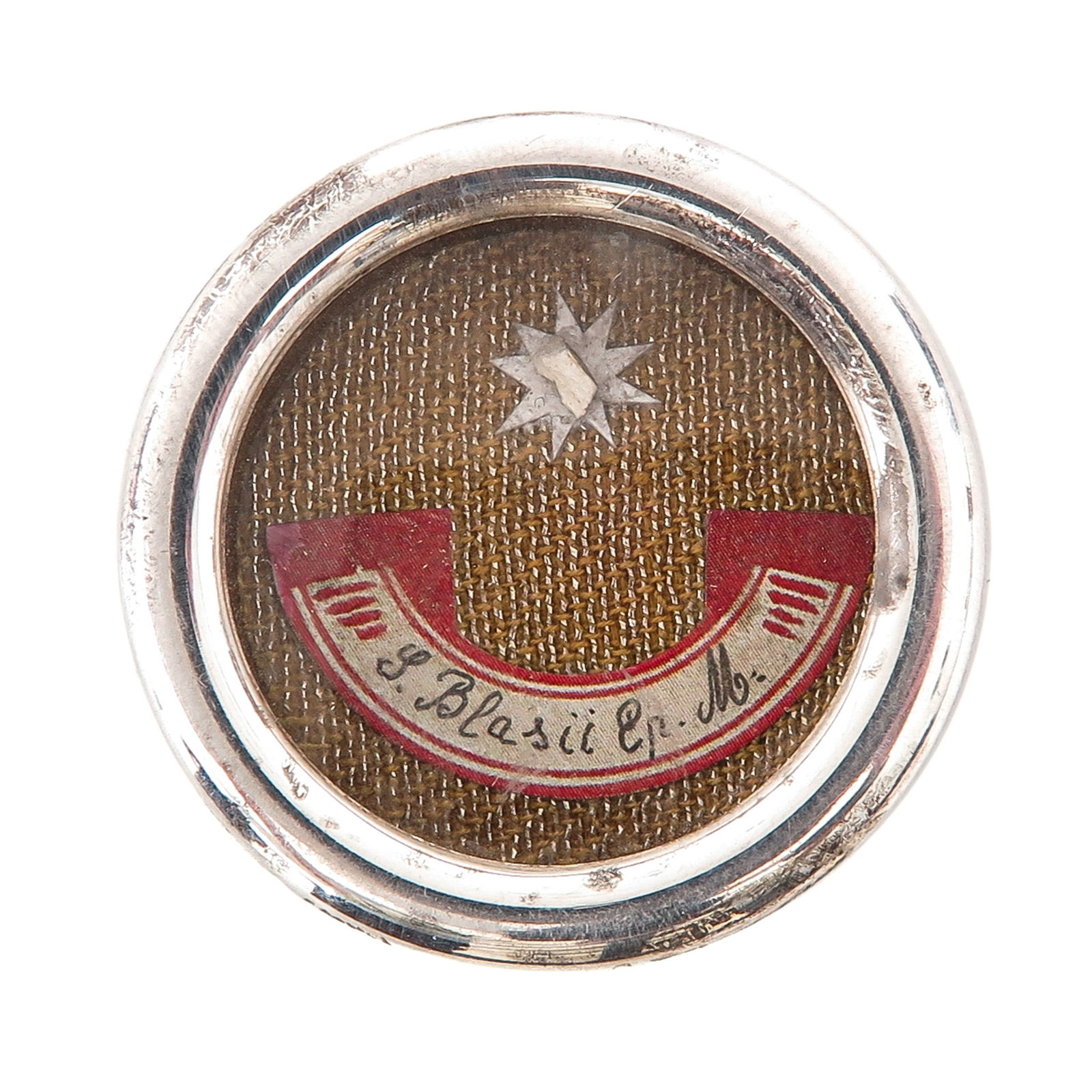 Sealed Theca: containing a relic of Saint Blasius (bishop and martyr, patron of throat diseases and wool combers), with certificate, diameter 4 cm., you are purchasing the case, the relics are a gift