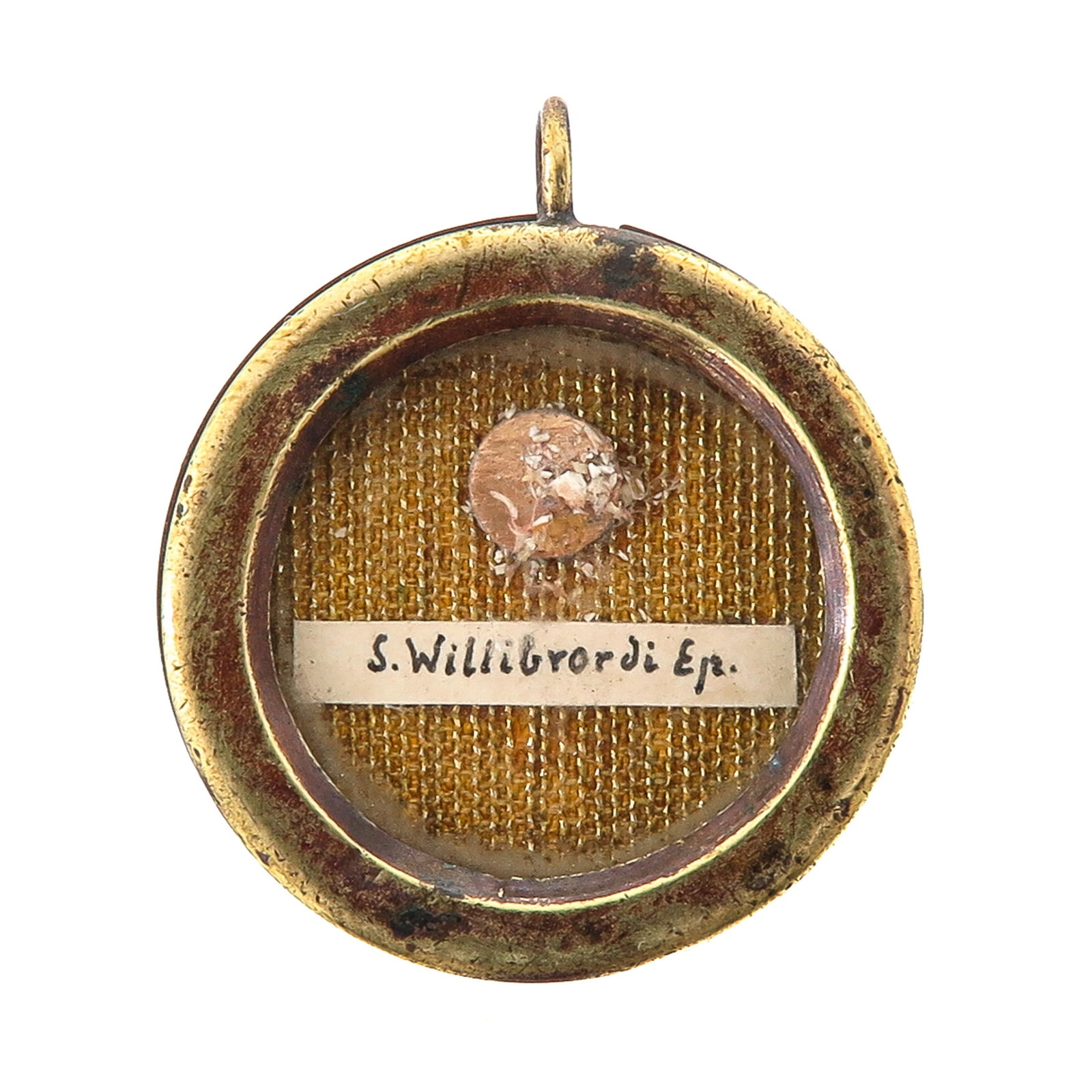 Sealed Theca: containing a relic of Saint Willibrord Ep. (bishop, patron of the Netherlands and Luxembourg), with certificate, diameter 3 cm., you are purchasing the case, the relics are a gift