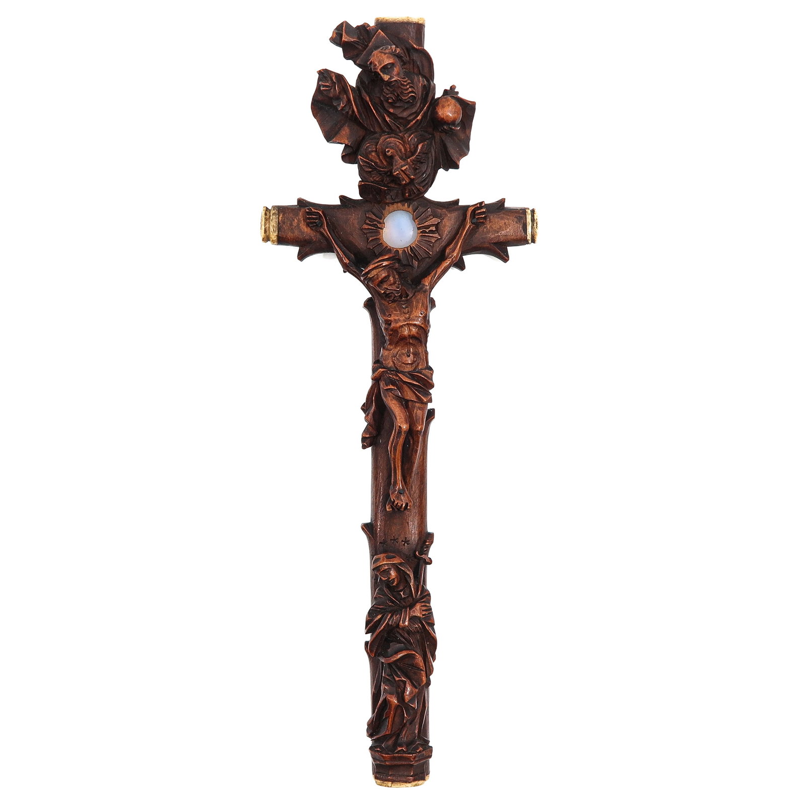 Reliquary Cross: carved wood, with corpus, crowned by God the Father and at the bottom the Virgin Mary, without relics, length 30 cm.