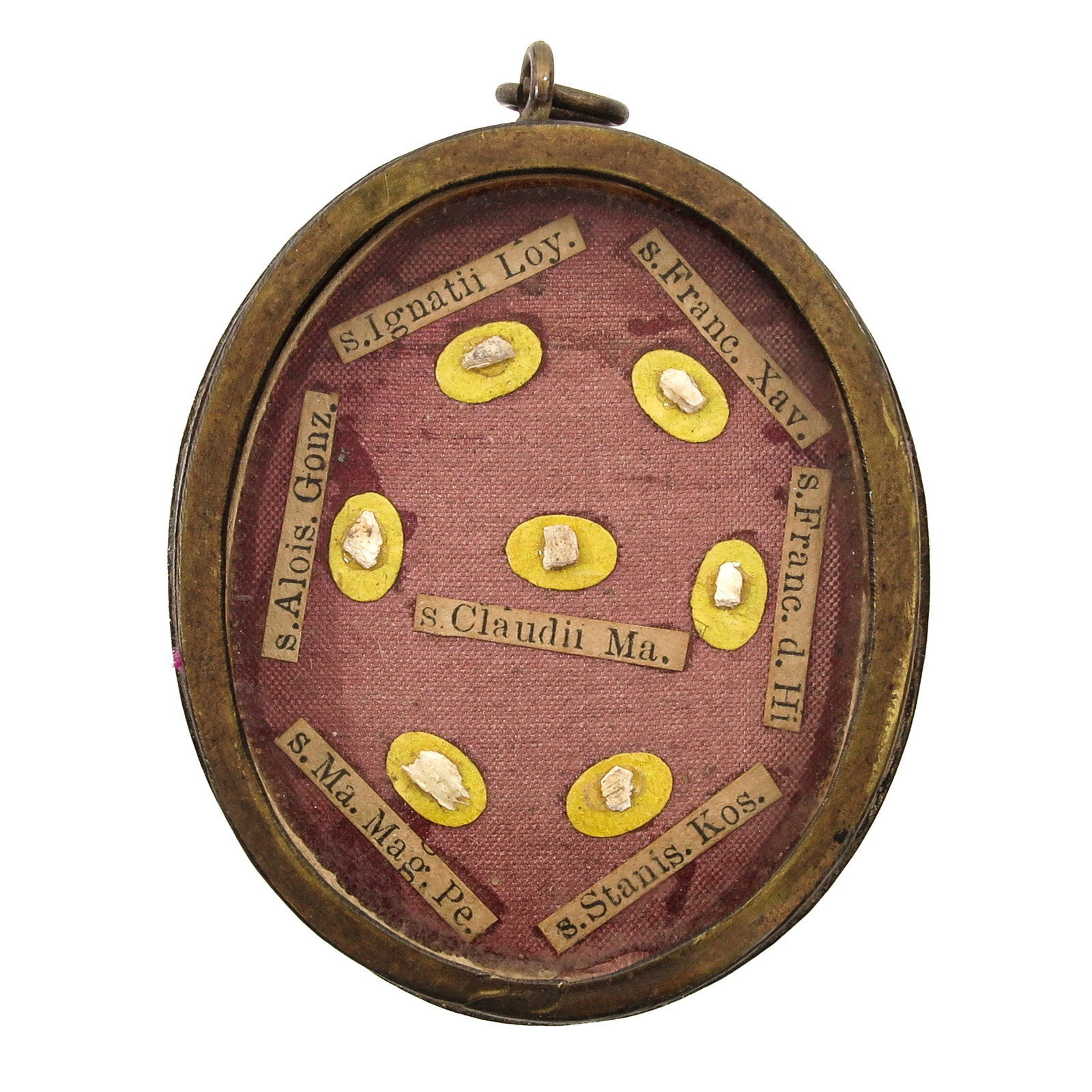 Sealed multi-theca: containing 7 relics, including Saint Ignatius Loyola, Saint Francis Xavier, St. Aloysius Gonzaga and Saint Claudius, length 5.5 cm., you are purchasing the reliquary, the relics are a gift