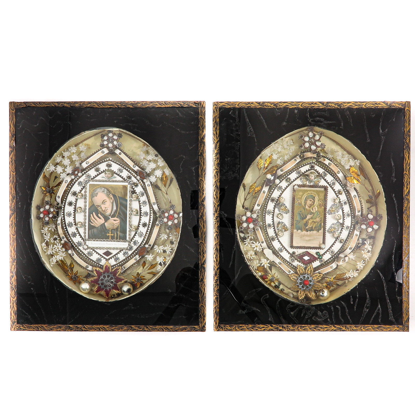 A Pair of Devotional Frames: Monastery frames, with devotional depictions of saints, 33 x 39 cm.