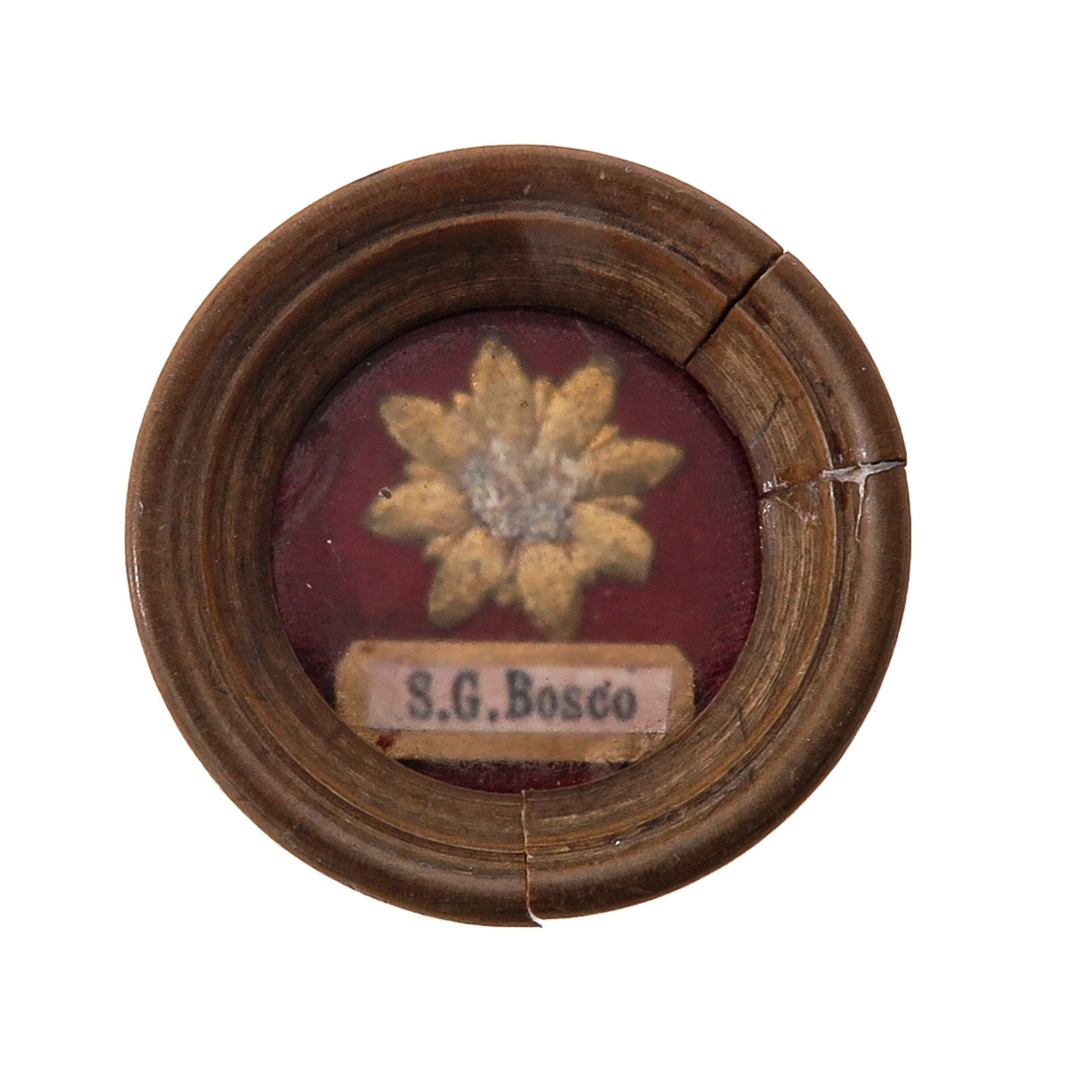 Sealed Theca: wood, containing a relic of Saint John Bosco (priest, patron of youth and educators), diameter 3 cm., you are purchasing the case, the relics are a gift