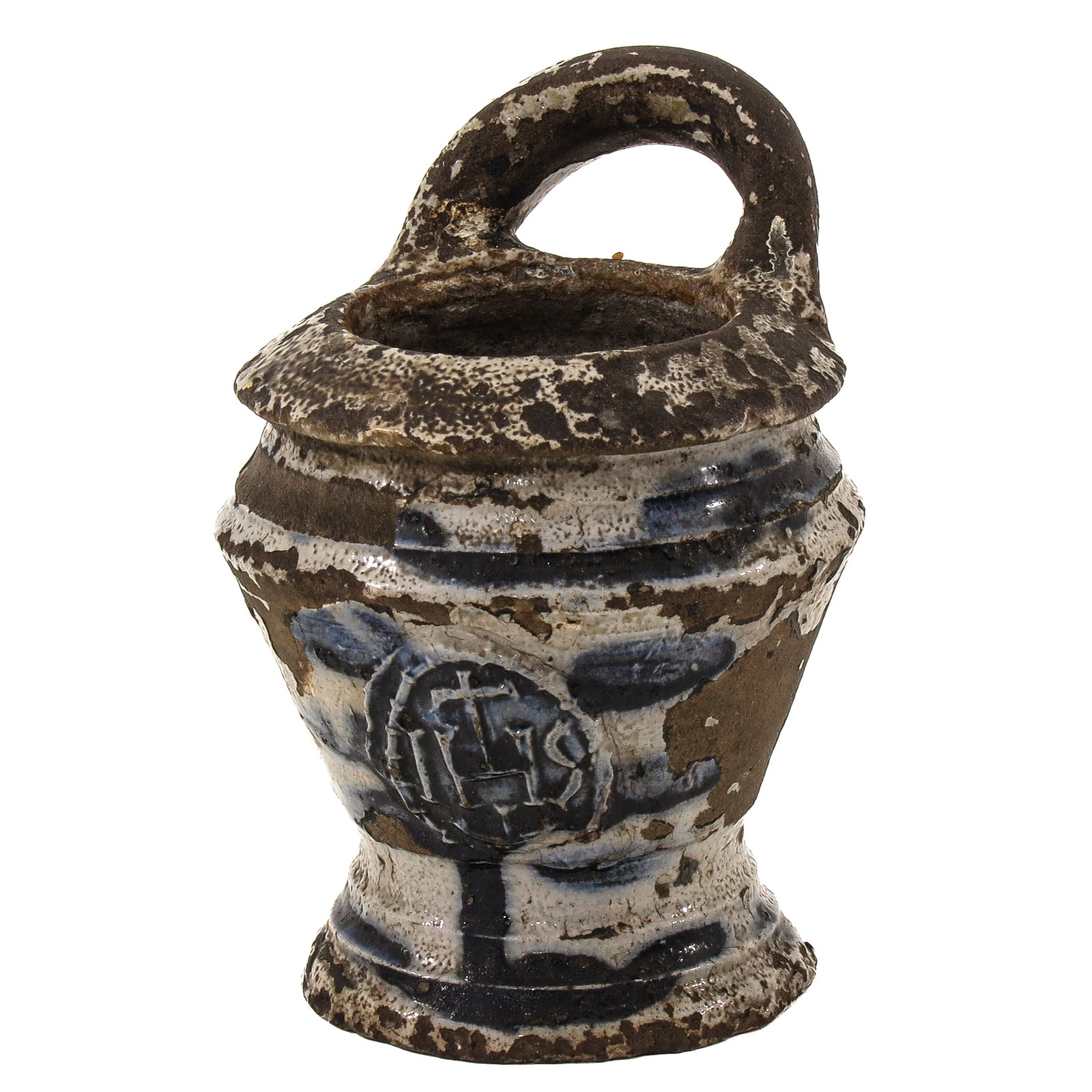 Altar vase: Earthenware, featuring blue decoration and a central IHS monogram, height 11 cm.