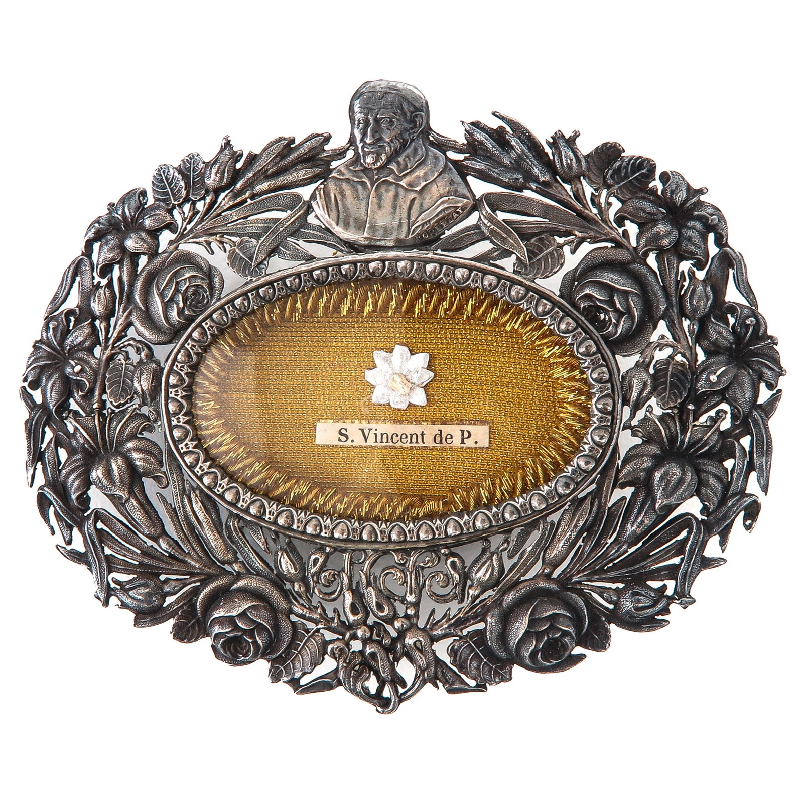 Sealed theca: silver, containing a relic of Saint Vincent de Paul (priest, patron of charity and poor relief, among others), richly decorated with floral ornaments, 10.5 x 8.5 cm., you are purchasing the case, the 