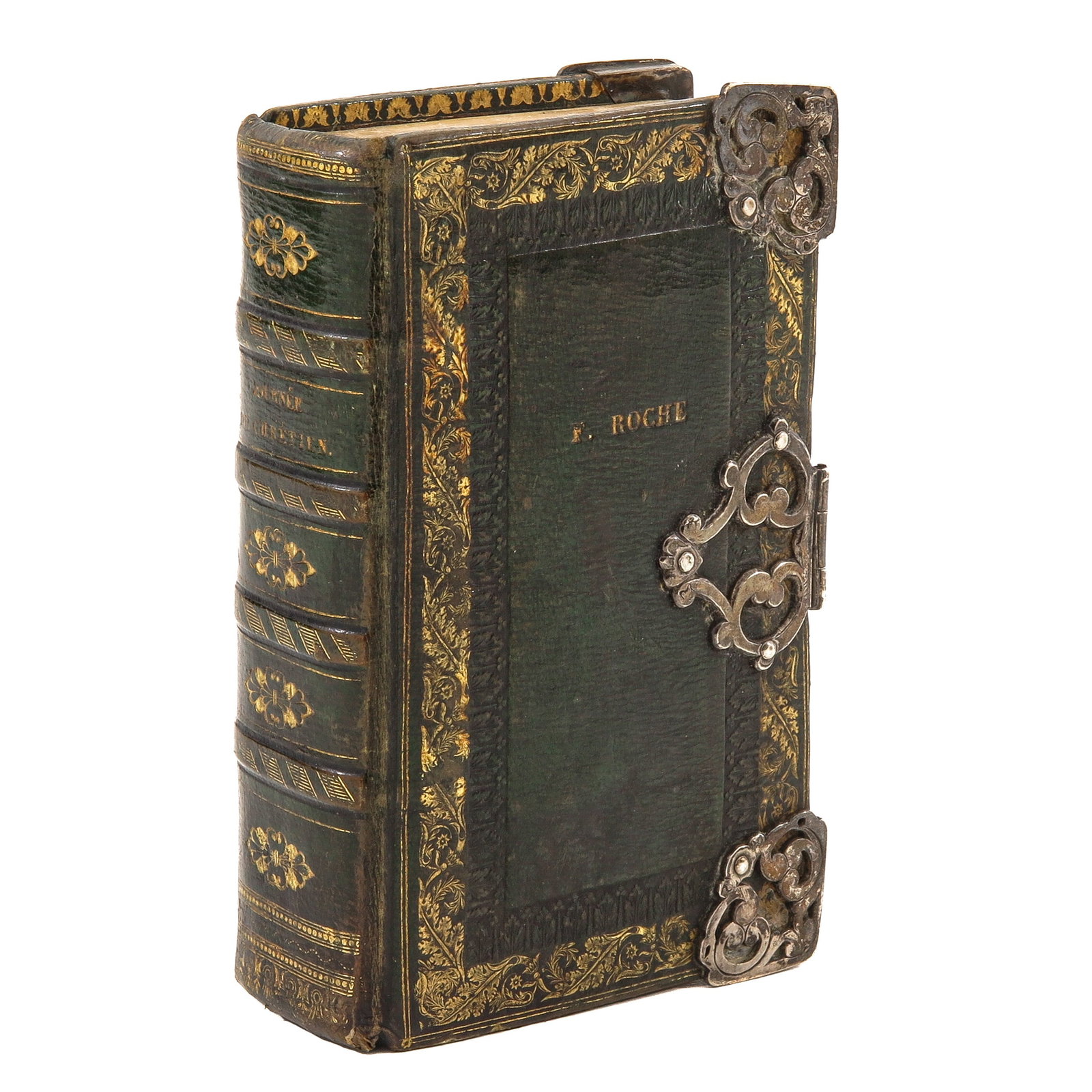 Prayer book: F. Roche, Journée du Chrétien, 1828, with green leather binding and richly gilded decoration, fitted with clasps, 4 x 14 x 9 cm.