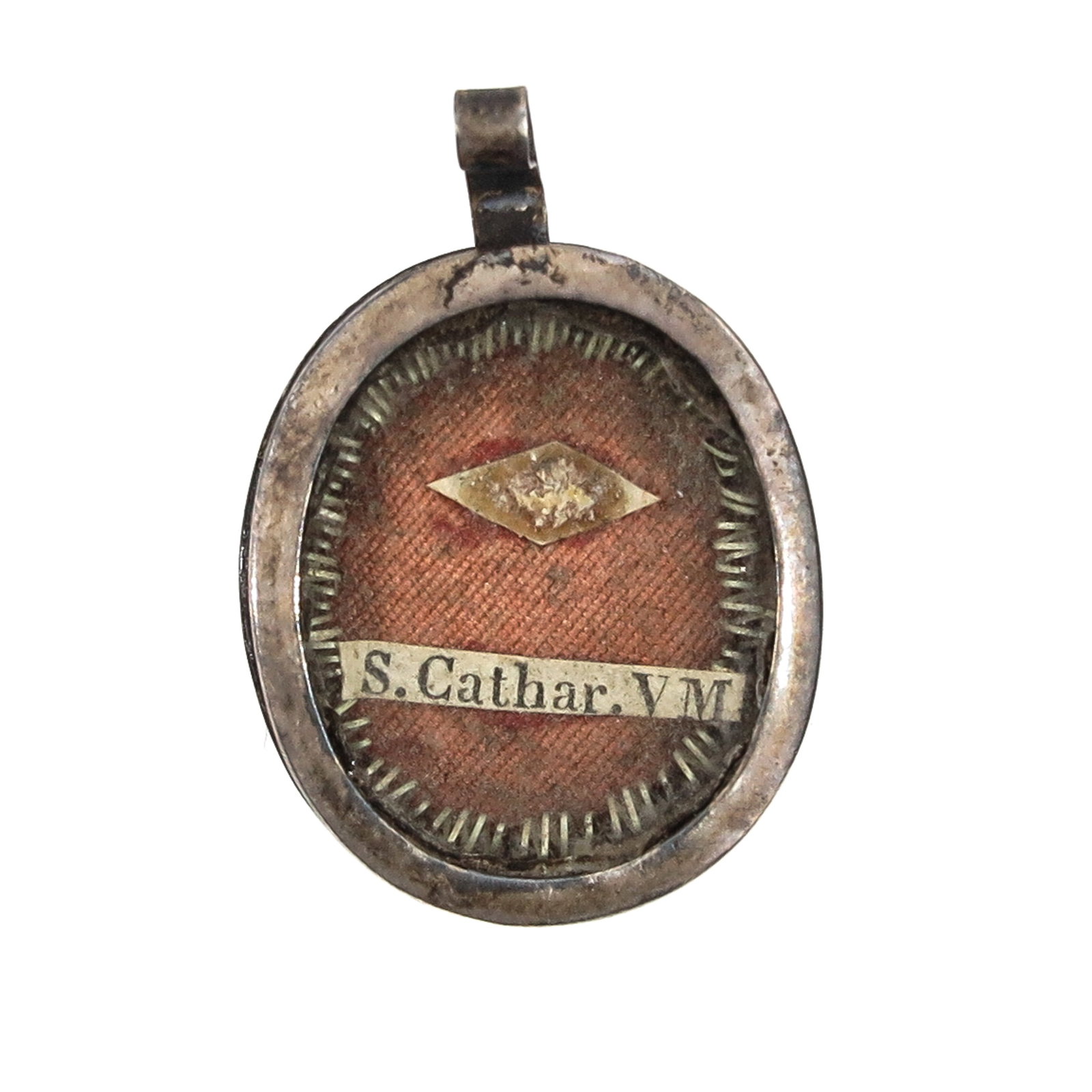 Sealed theca: containing a relic of Saint Catherine VM (virgin and martyr, patroness of philosophers and students, among others), with certificate, 2 x 3 cm., you are purchasing the display case, the relics are a g