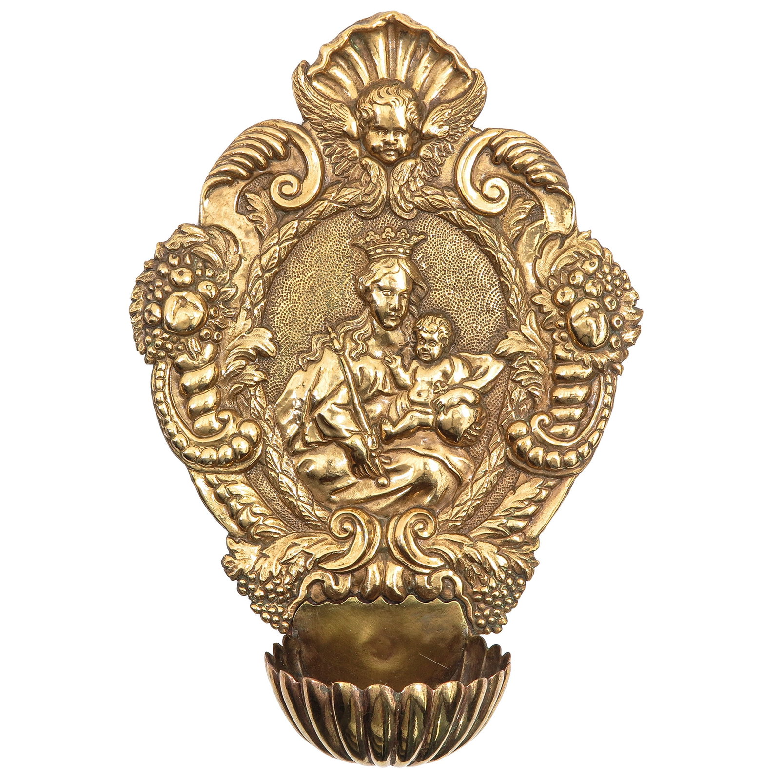 Holy water vessel: Copper, with relief of Mary with Child beneath an angel's head, surrounded by curls and floral motifs, 18th century, height 26 cm.
