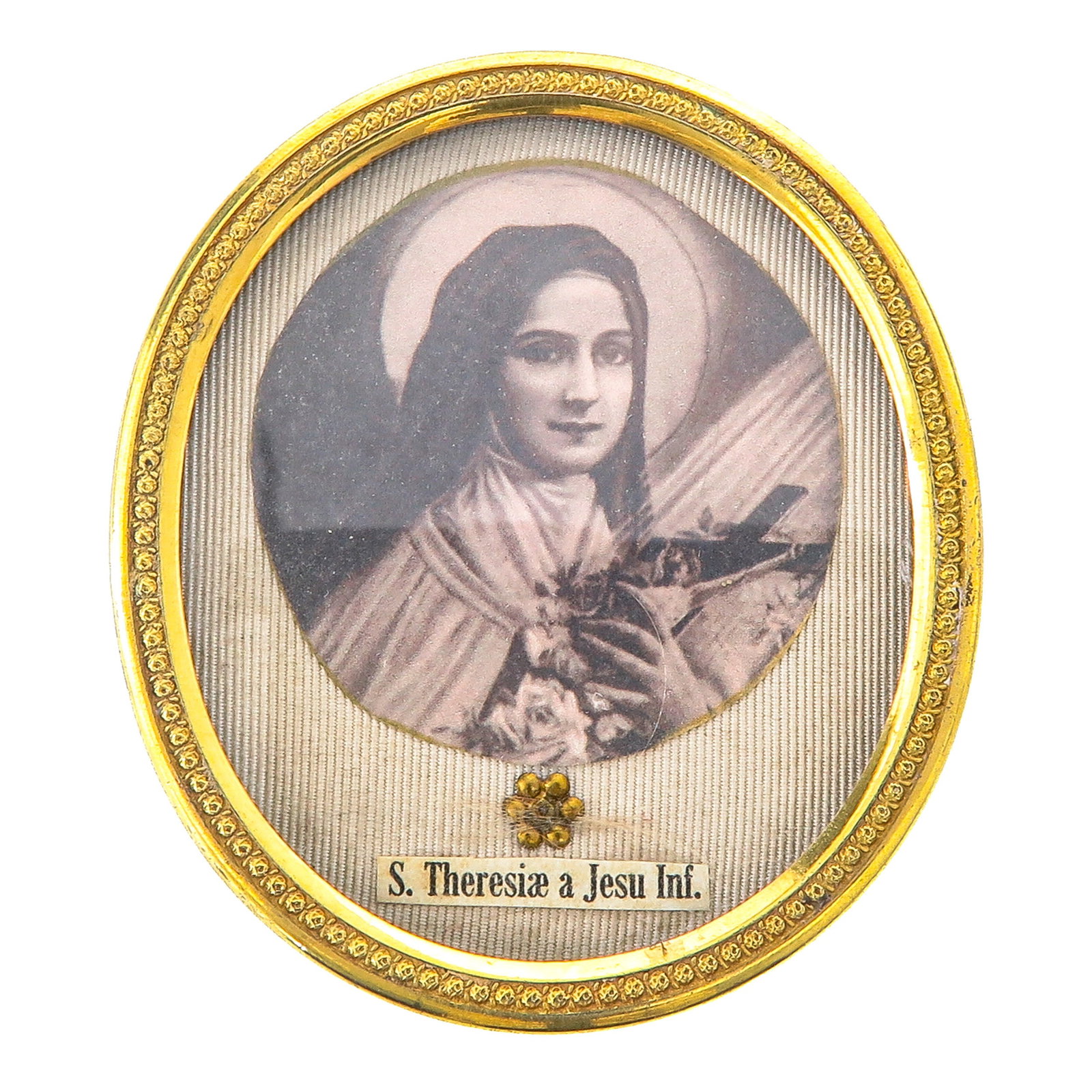 Sealed reliquary: containing a relic of Saint Theresa of the Child Jesus (Carmelite nun, patroness of missions, among others), with portrait, 6.5 cm. x 7.5 cm. you are buying the display case, the relics are a gift