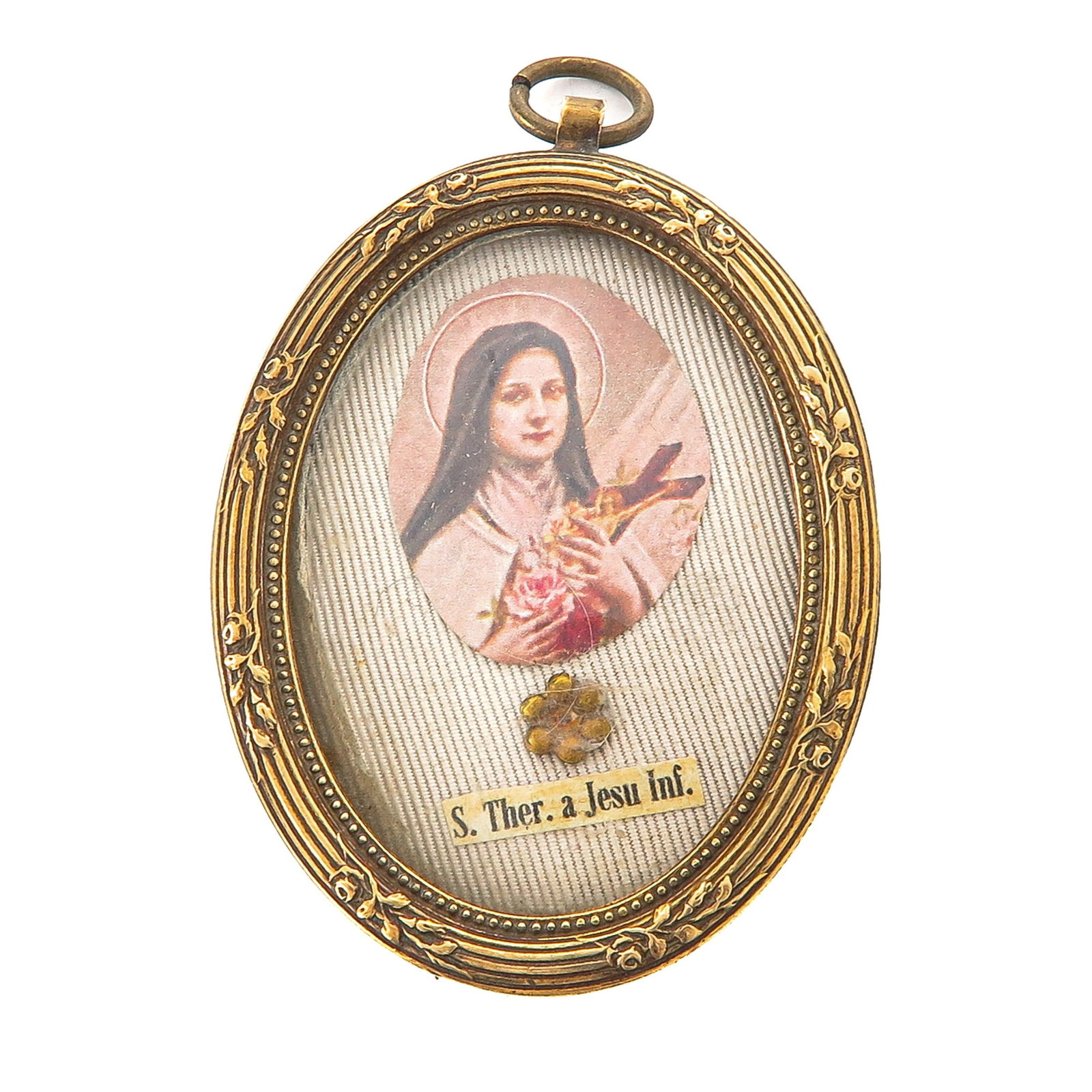 Sealed reliquary: containing a relic of Saint Theresa of the Child Jesus (Carmelite nun, patroness of missions, among others), with portrait, 5 x 6 cm. you are buying the display case, the relics are a gift