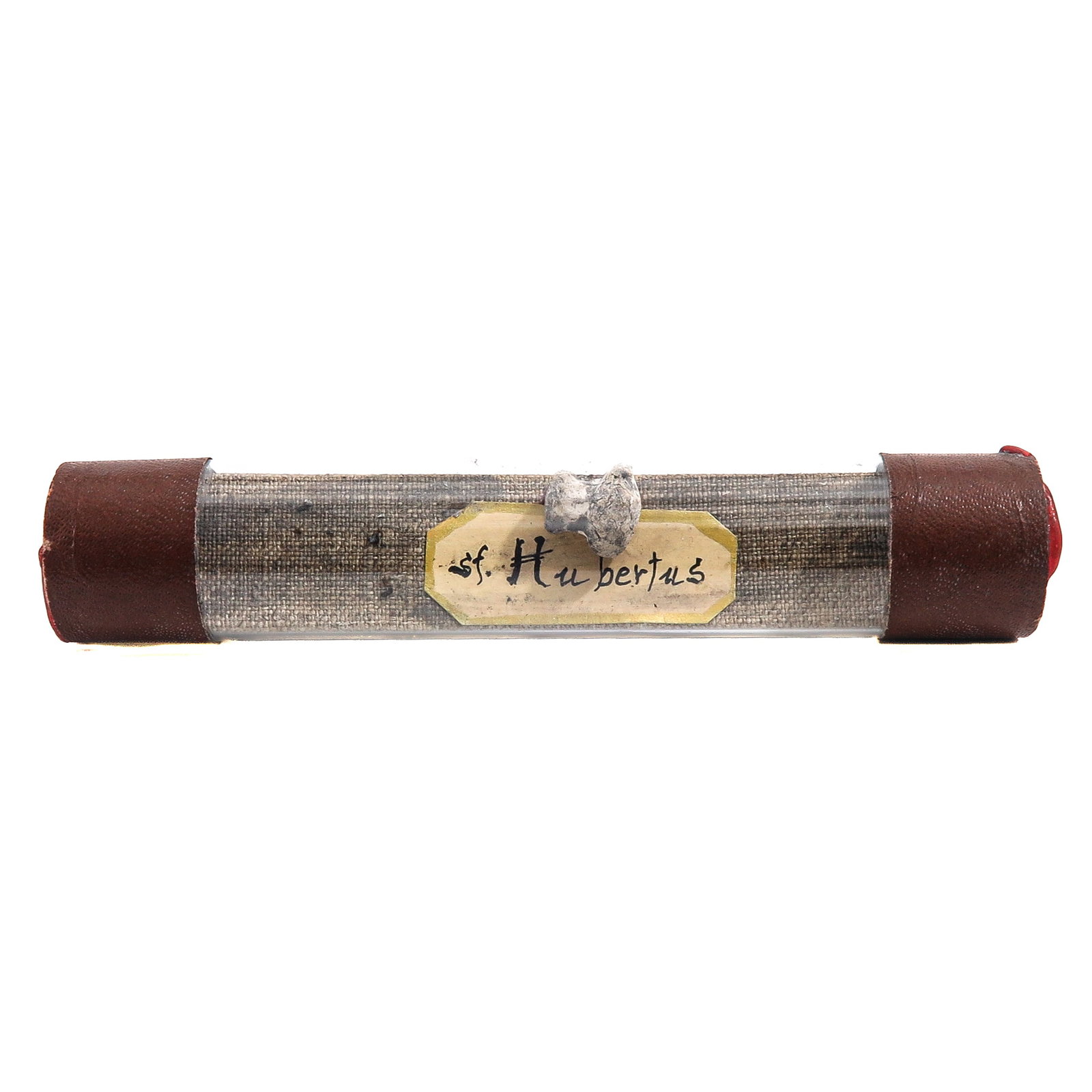 Sealed relic: containing a relic of Saint Hubertus (bishop, patron of hunters), in a sealed glass holder, length 14 cm., you are purchasing the case, the relics are a gift