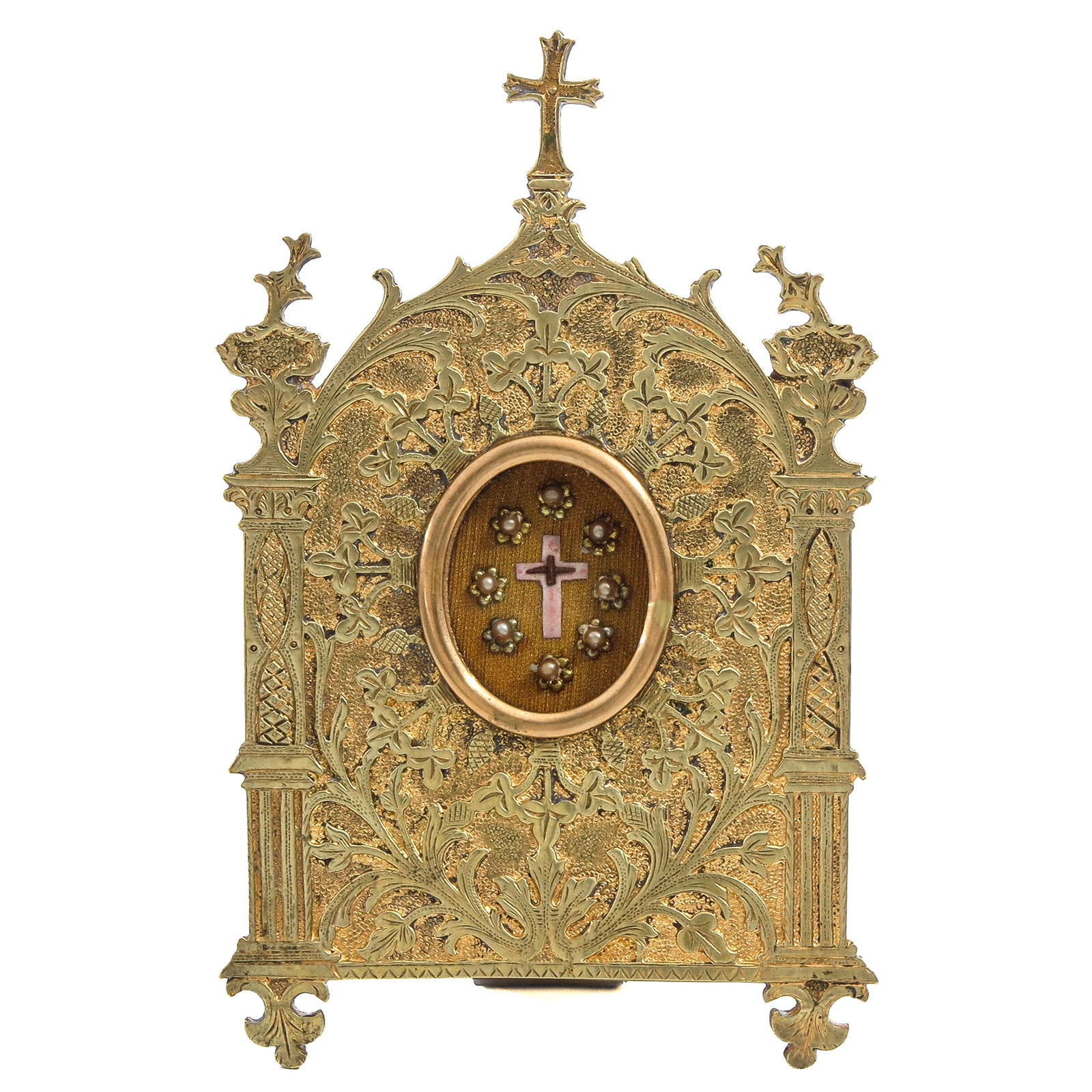 Kiss relic: gilded bronze, with a relic of the Holy Cross, height 17 cm., you are purchasing the reliquary, the relics are a gift