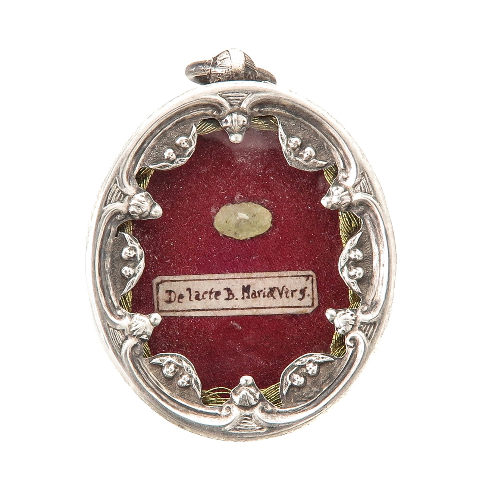 Sealed theca: silver, containing relic of the Lacte B. Mariae Virg. (of the milk of the Blessed Virgin Mary), length 4 cm., you are purchasing the reliquary, the relics are a gift