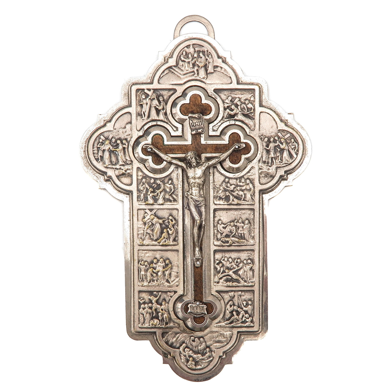 Sealed Theca: in the shape of a cross, with images of the Stations of the Cross, containing relic of the Holy Cross, 11 x 18 cm., you are buying the case, the relics are a gift