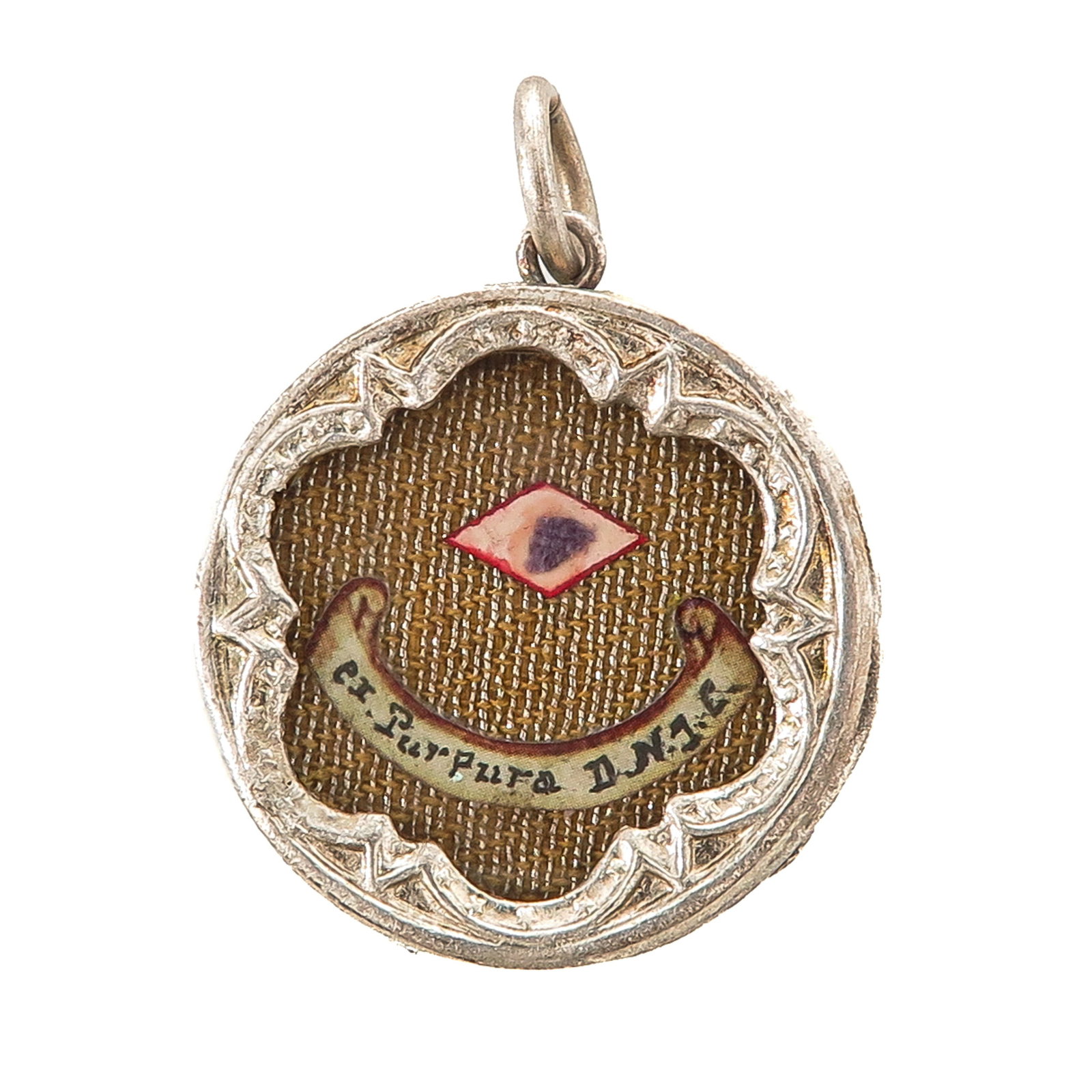 Sealed Theca: with relic Ex Purpura D.N.J.C. (of the purple robe of Our Lord Jesus Christ), diameter 3.5 cm., you are buying the reliquary, the relics are a gift