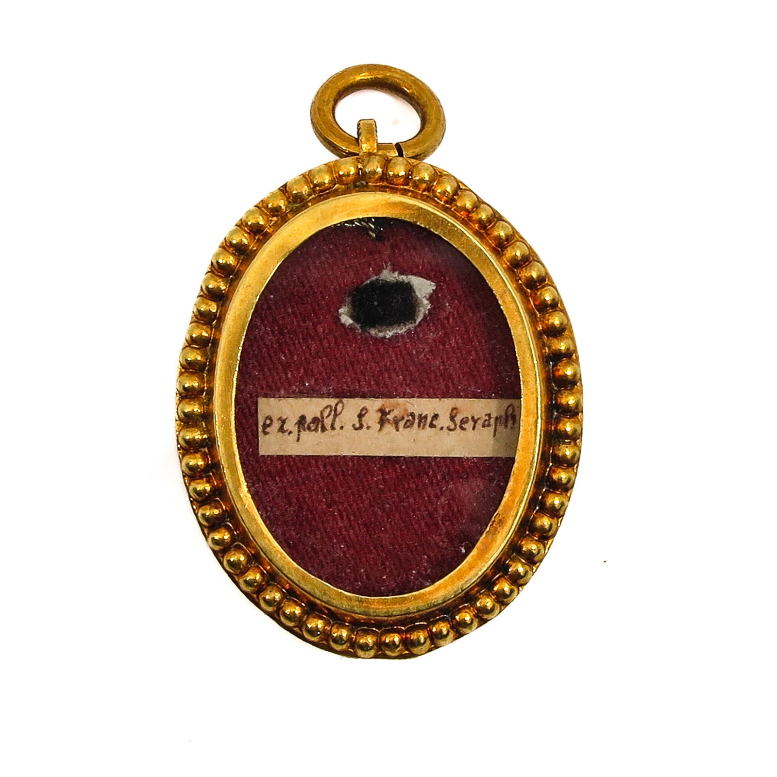 Sealed Theca: containing relic of Saint Francis of Assisi, Seraphic Father (patron of animals, merchants, and Italy), with certificate, length 3.5 cm., you are purchasing the case, the relics are a gift
