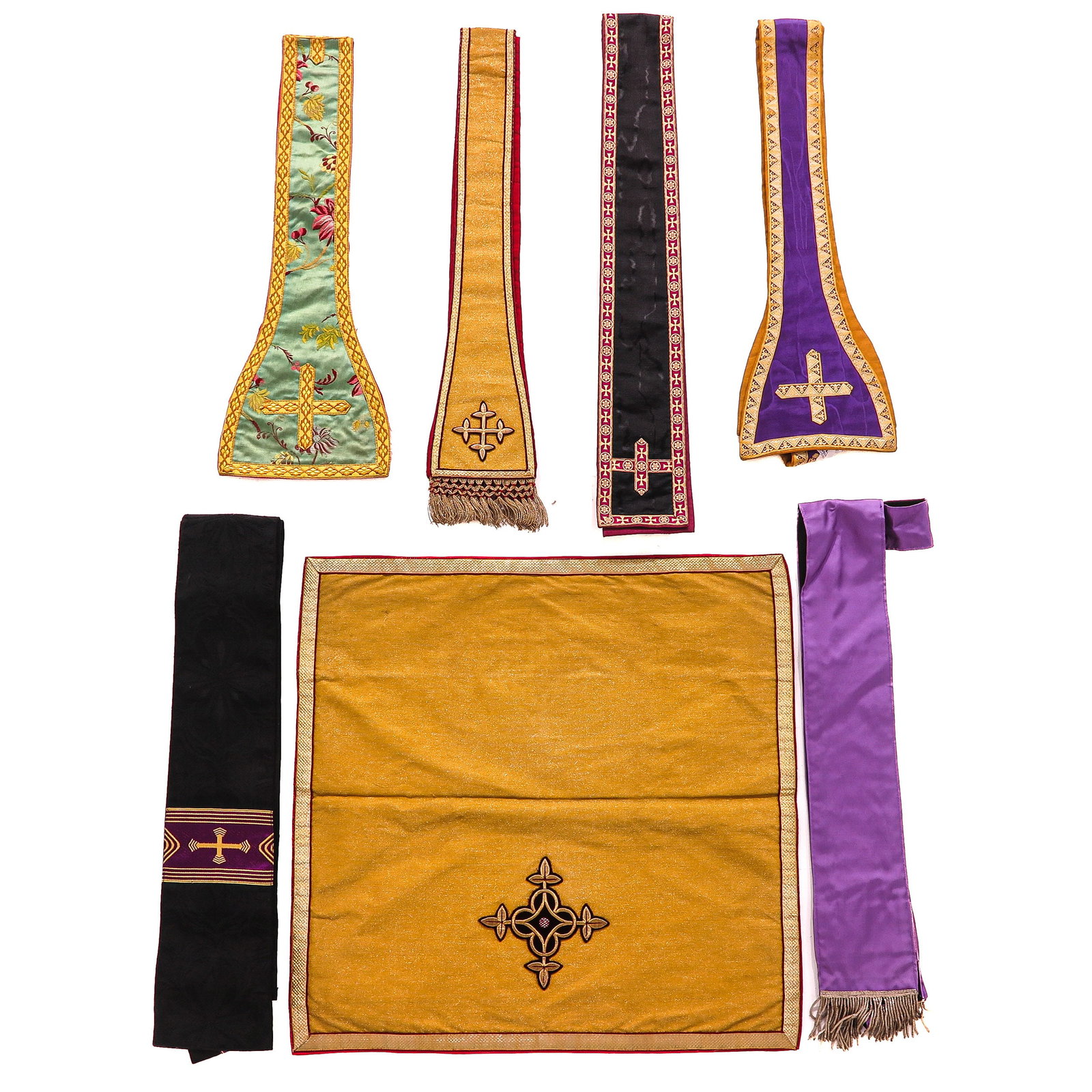 A Group of Liiturgical Vestments: consisting of 5 stoles, an 18th-century maniple, and a chalice veil, rich embroidery