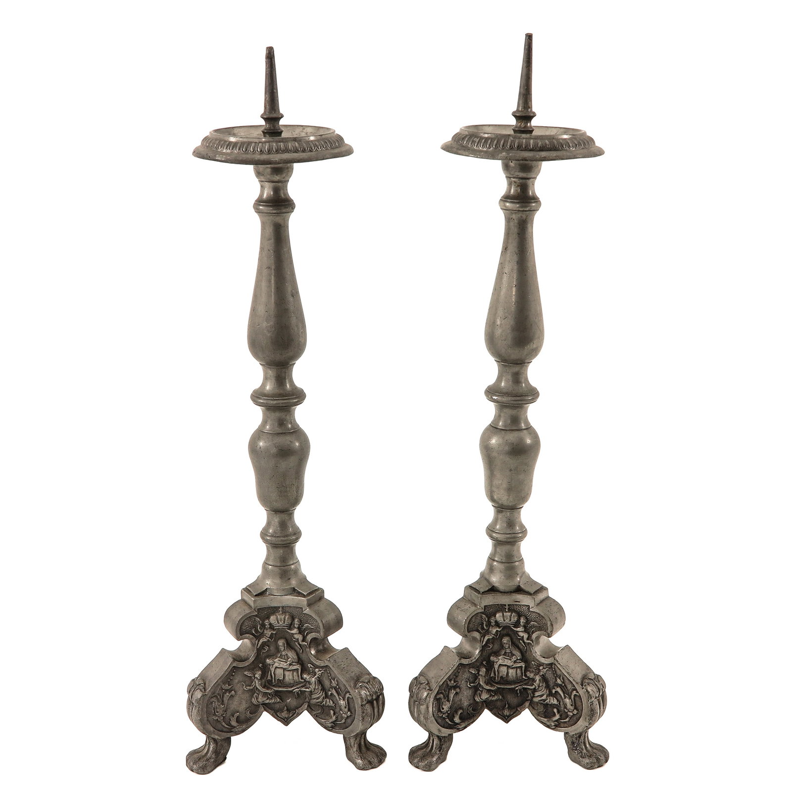 A Pair of Pewter Candlesticks: Altar candlesticks, 60 cm. Tall