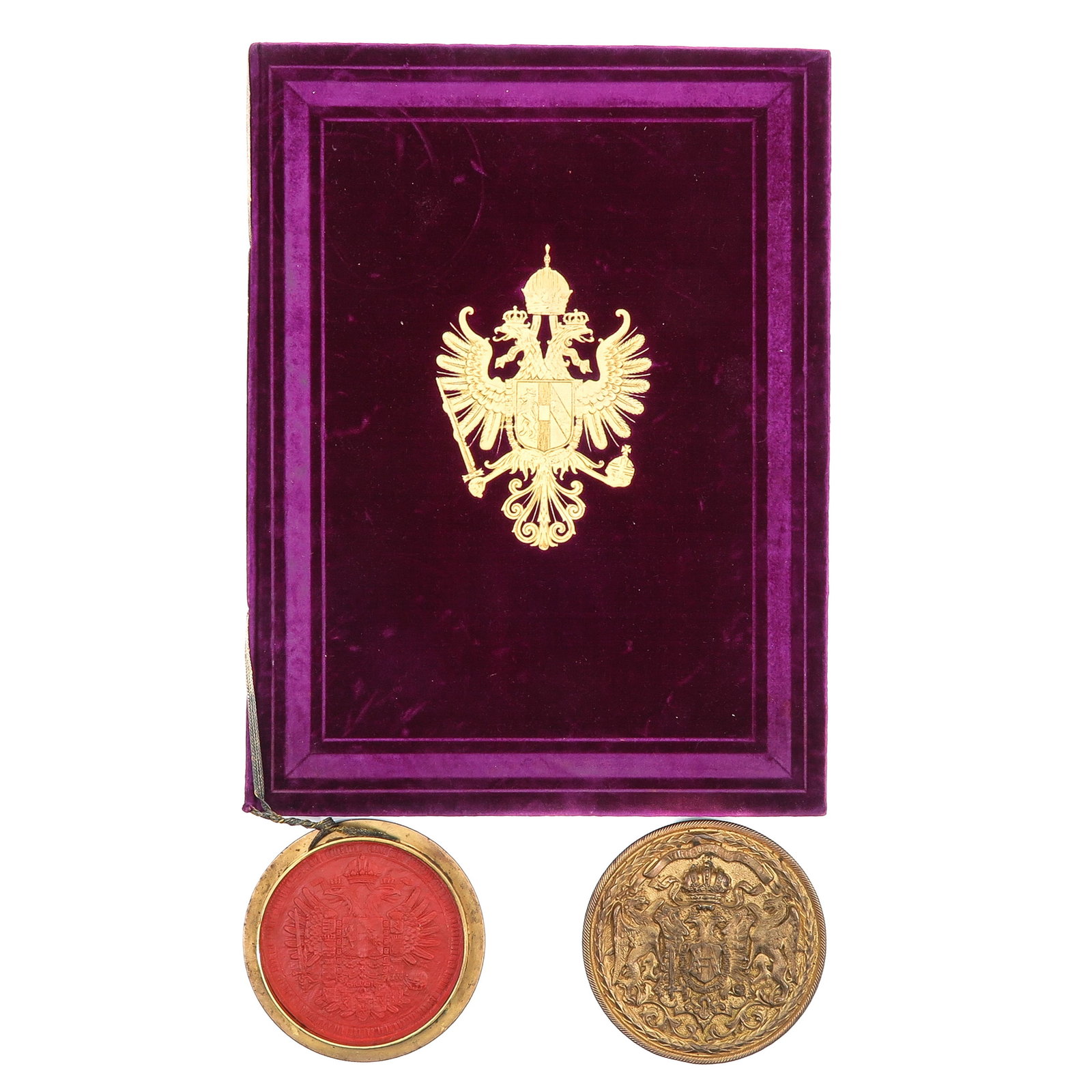 Letter of Nobility: Austro-Hungarian, velvet binding with double-headed eagle, accompanied by wax seal and metal blind seal, with text on lid Viribus Unitis, 12 cm.