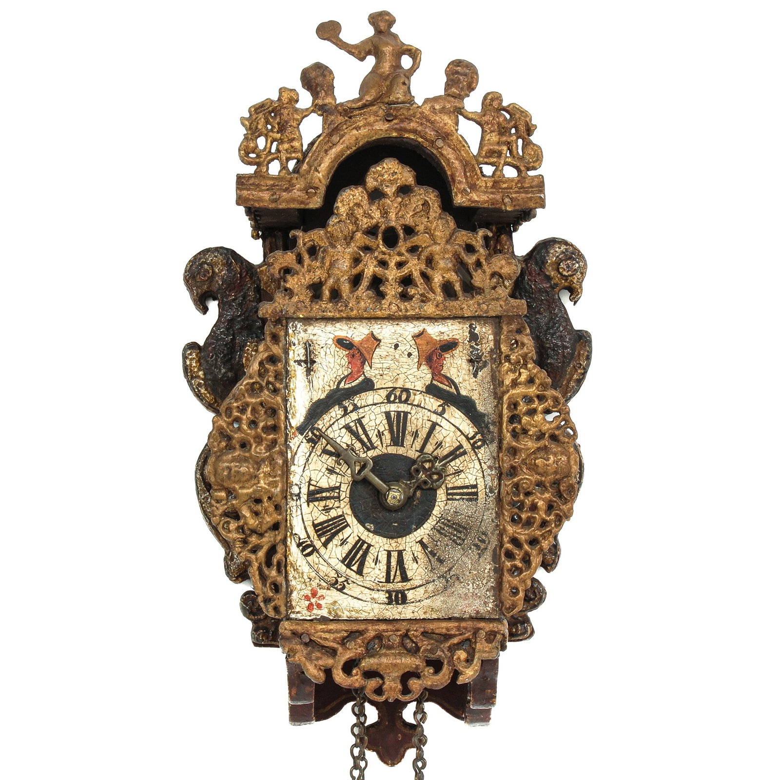 A Dutch Meiden Clock: with painted dial, decorated with ladies wearing hats, height 34 cm.