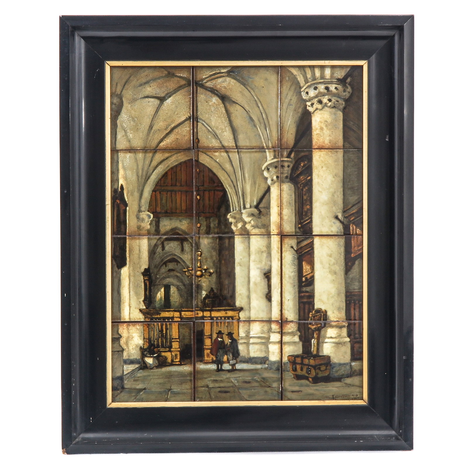 A Rozenburg Tile: Rozenburg, signed, depicting a church interior, 46 x 60 cm.