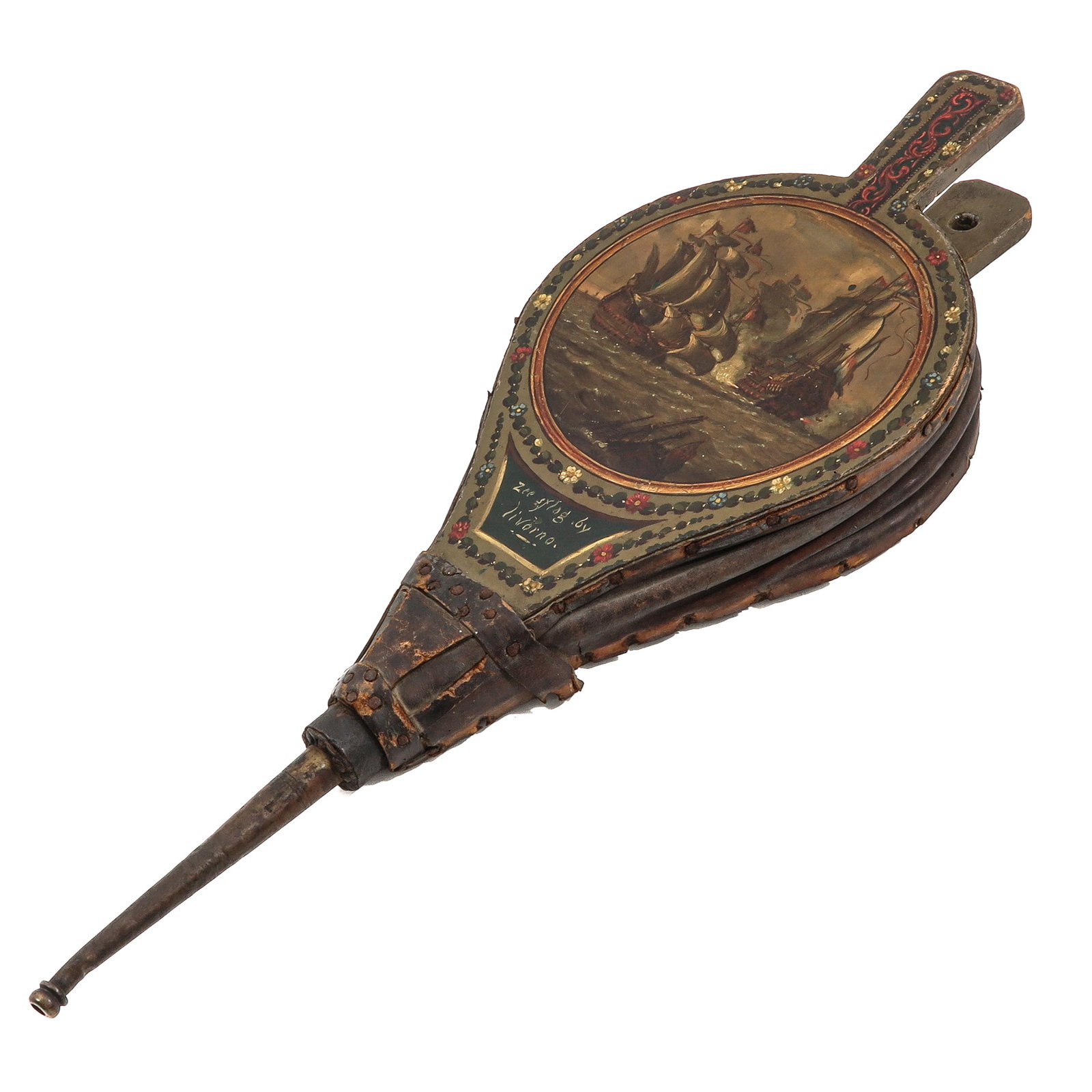 A Fireplace Bellows: with painted maritime depiction of the Battle of Livorno, took place on 14 March 1653, the First Anglo-Dutch War, length 64 cm.