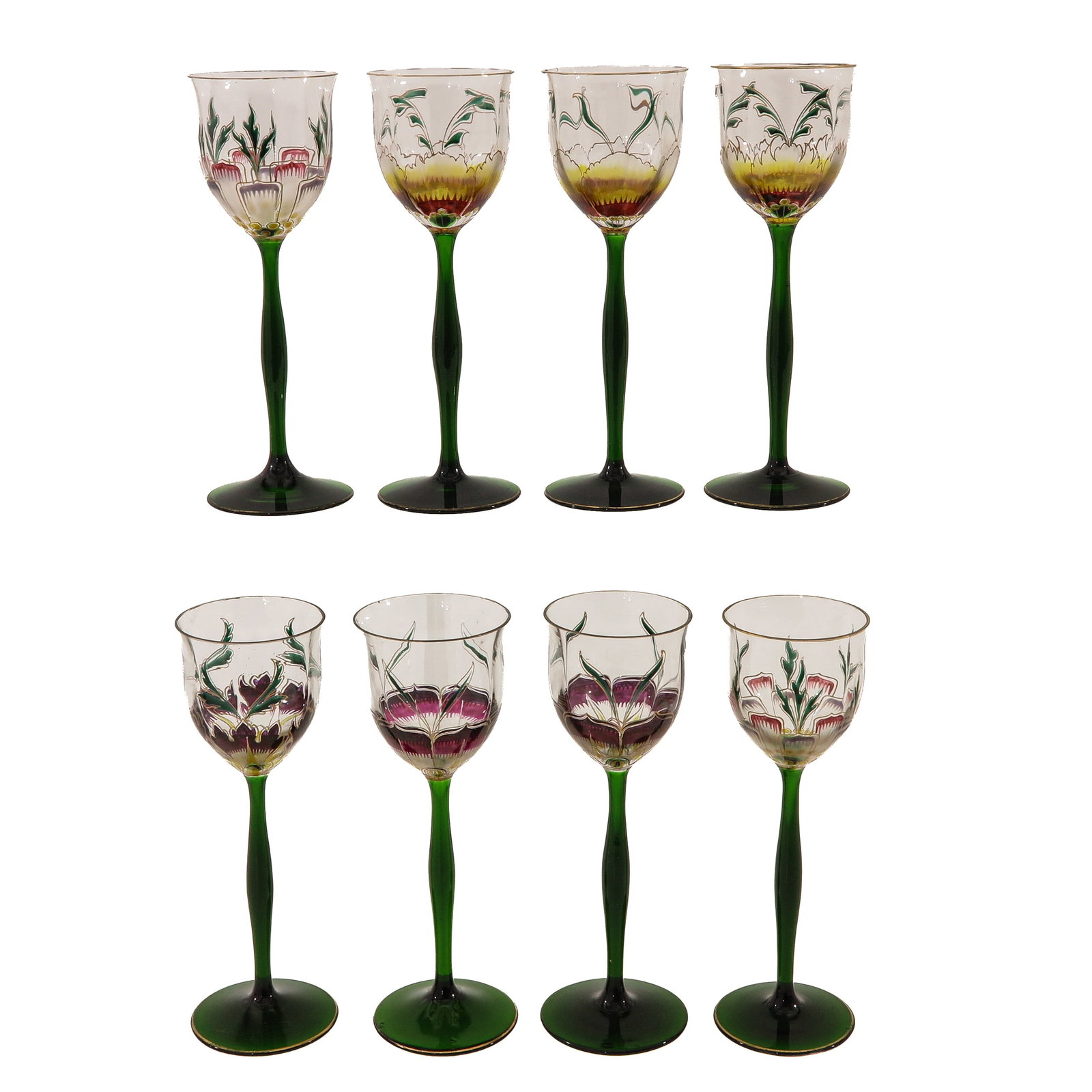 A Set of Wine Glasses: of 8 enamelled Art Nouveau wine glasses by Theresienthal, height 21 cm.