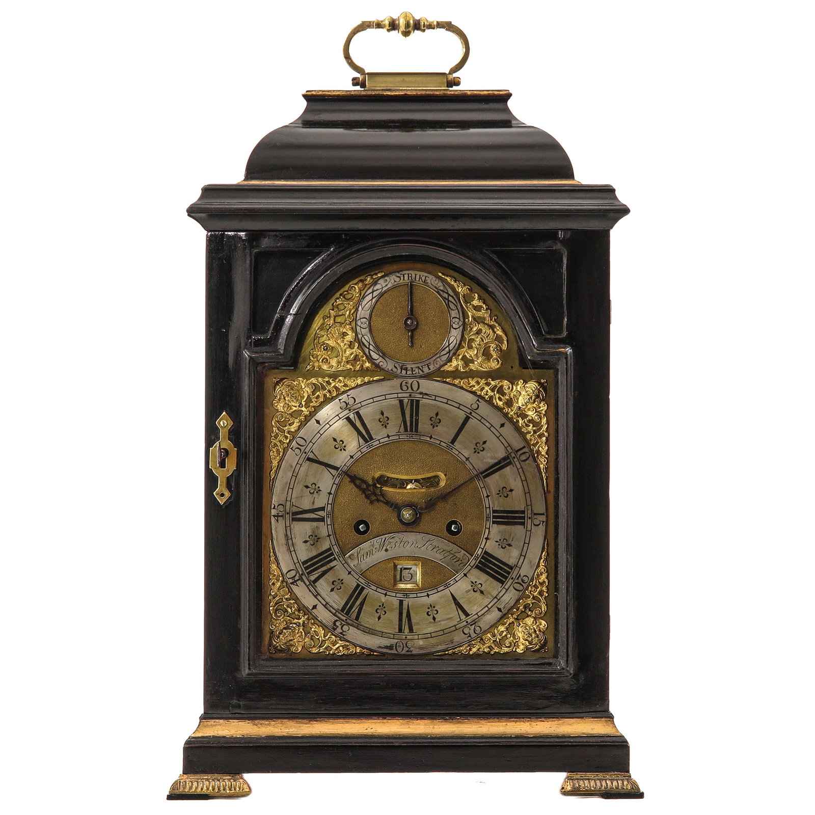 A Bracket Clock: signed Sam Weston, Stratford London, ca. 1730, inverted bell top, brass dial with date indication, strike/silent indication, pull-repeat mechanism and 6 bells plus 1 bell for the pull-repeat, height