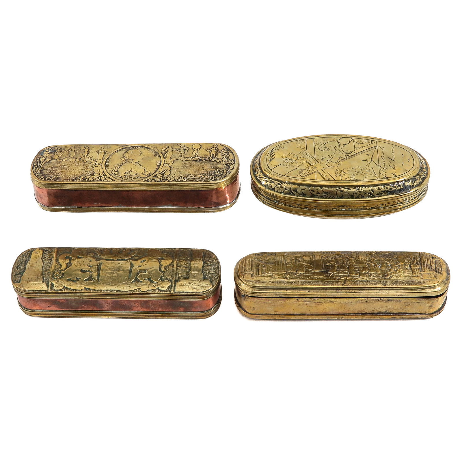 A Group of Tobacco Boxes: consisting of 4 copper tobacco boxes, 18th / 19th century, decorated with portraits and historical depictions, longest 16 cm.