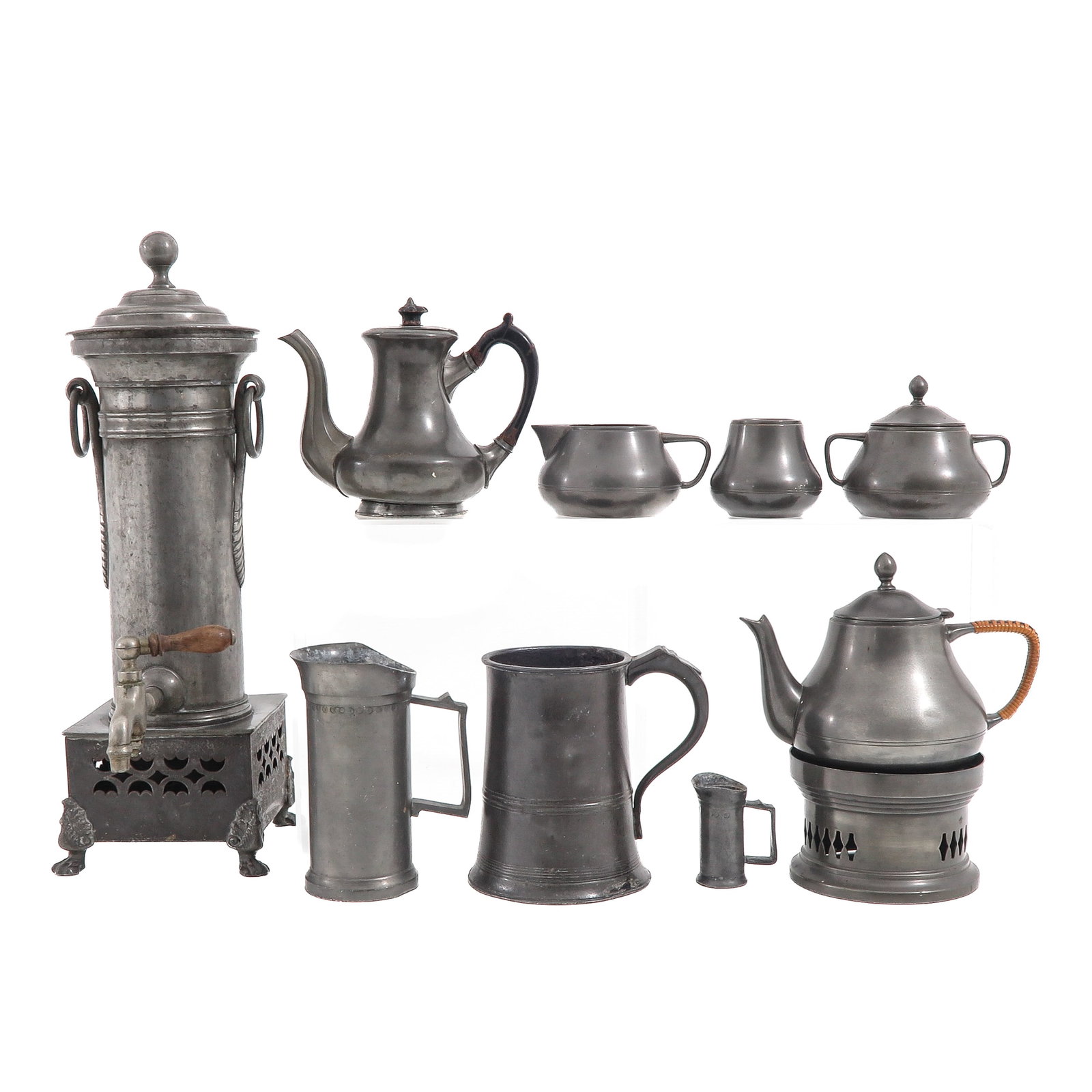 A Collection of Pewter: consisting of pewter utensils, including samovar, height 44 cm.