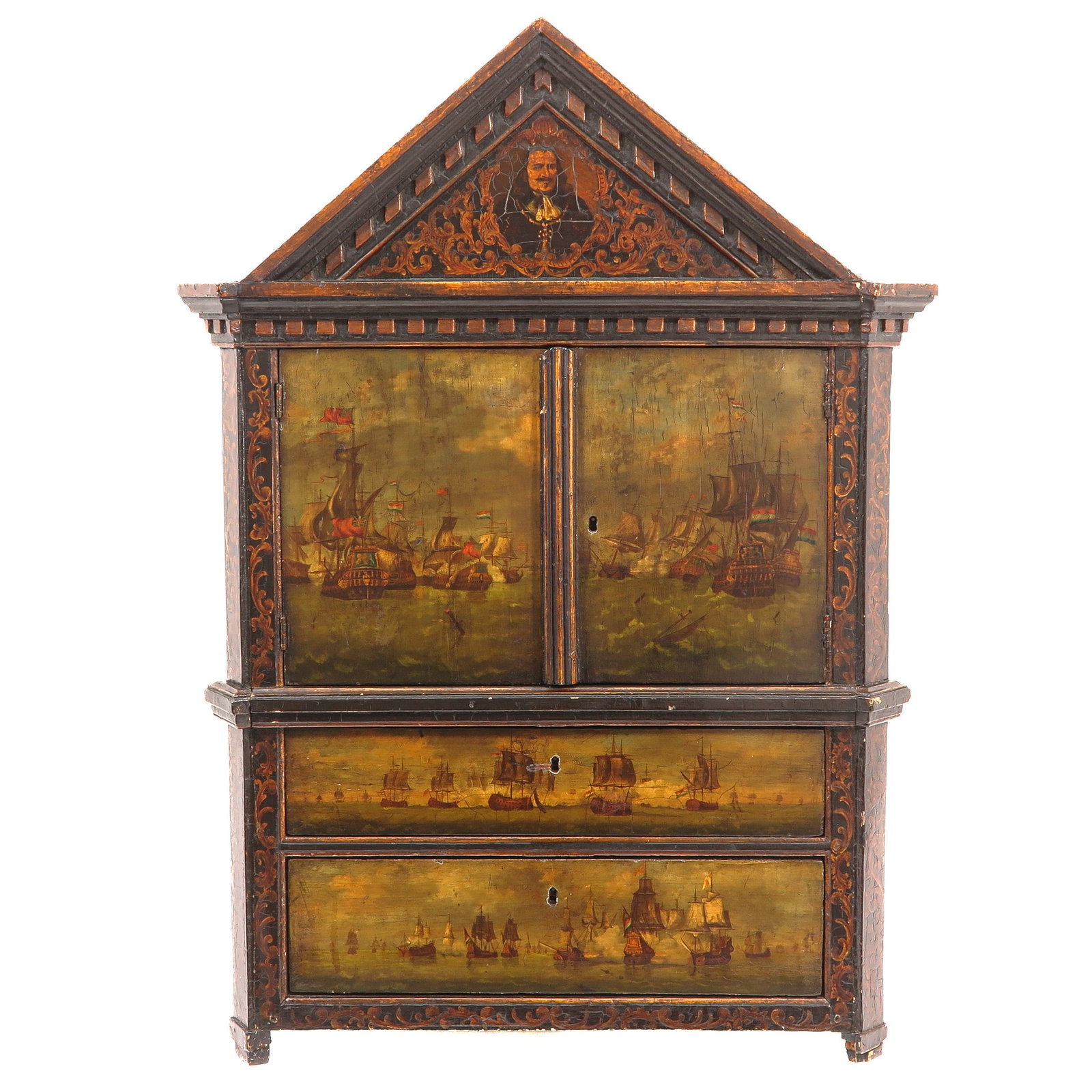 A Very Rare Miniature Cabinet: 18th century, with painted portrait of Michiel de Ruyter and coats of arms of the County of Holland, Zeeland, the States General of the Seven United Netherlands, and the Admiralty of Amsterdam,