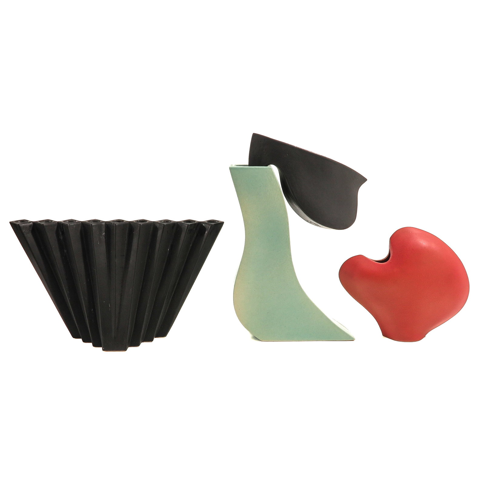 A Group of Modern Vases: consisting of a ceramic object (3 parts) by Mieke Blits and a candlestick by Eduard Hermans, 7/50, 1990, tallest 41 cm.
