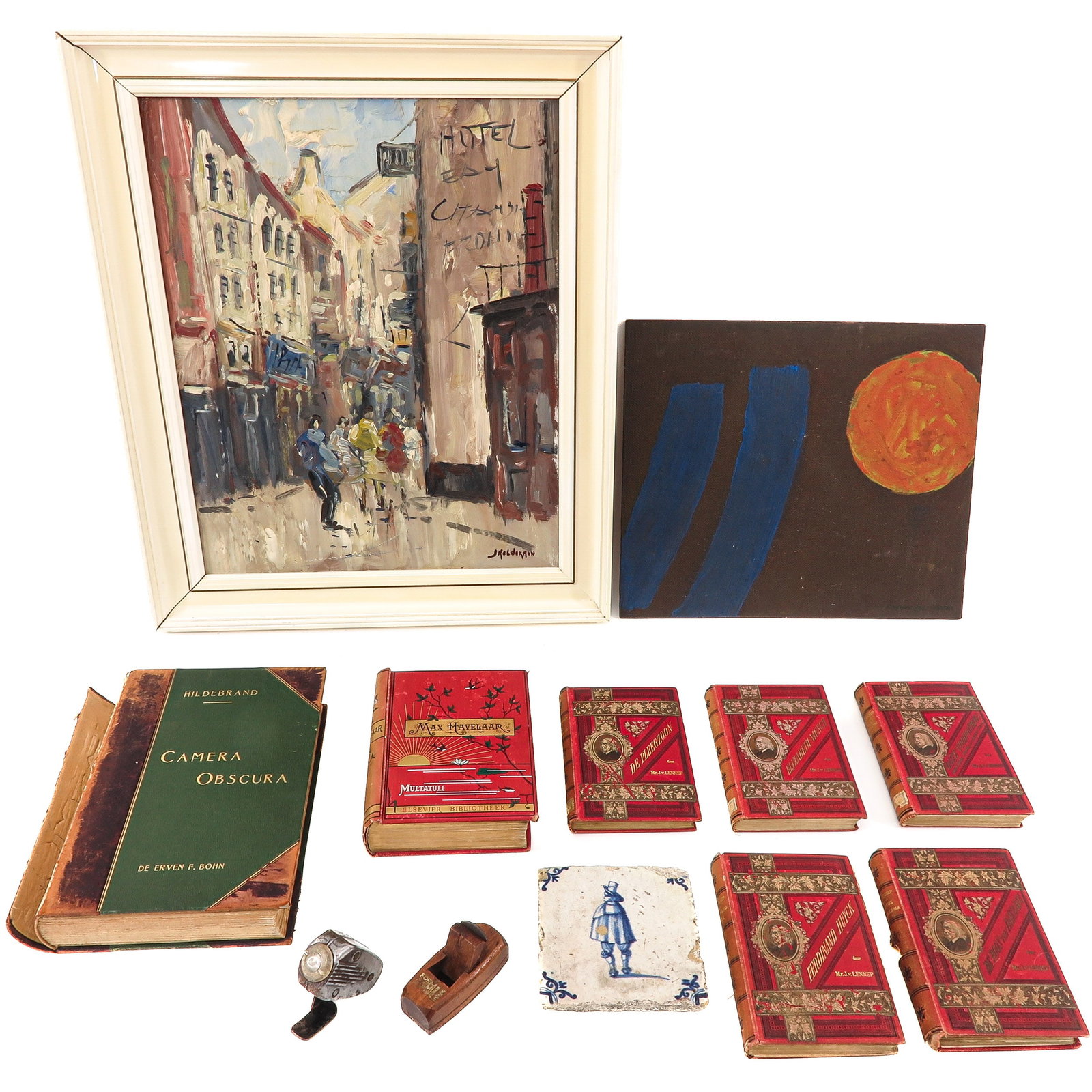 A Lot of 2 Paintings: consisting of 2 paintings and various objects, largest 40 x 50 cm.