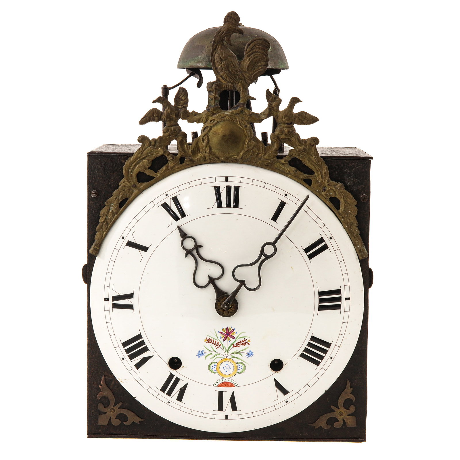A Comtoise: with white enamelled dial with Roman numerals and floral decoration, with rooster flanked by birds, height 37 cm.