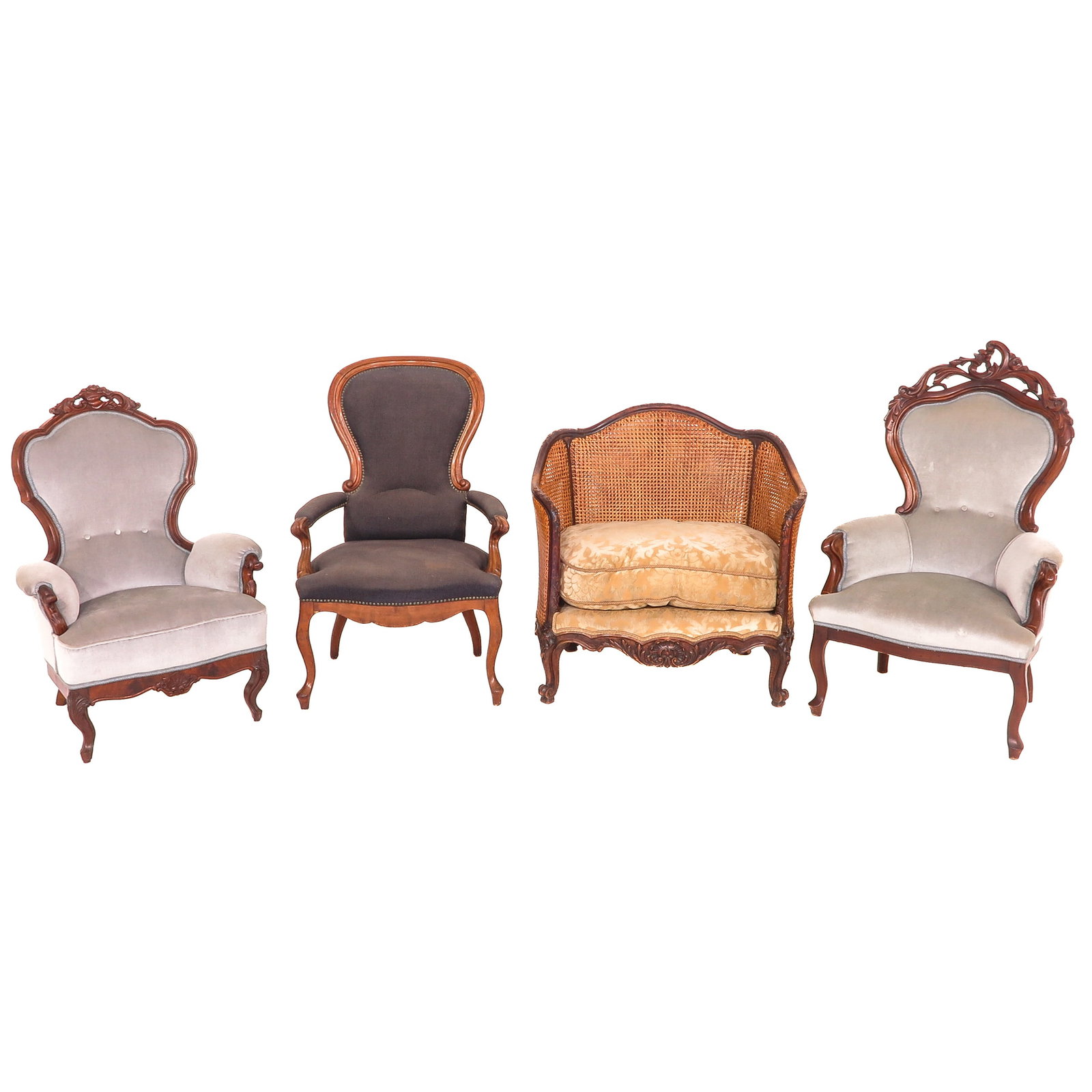 A Group of 4 Armchairs: consisting of 4 armchairs, including upholstered with webbing, tallest 120 cm.