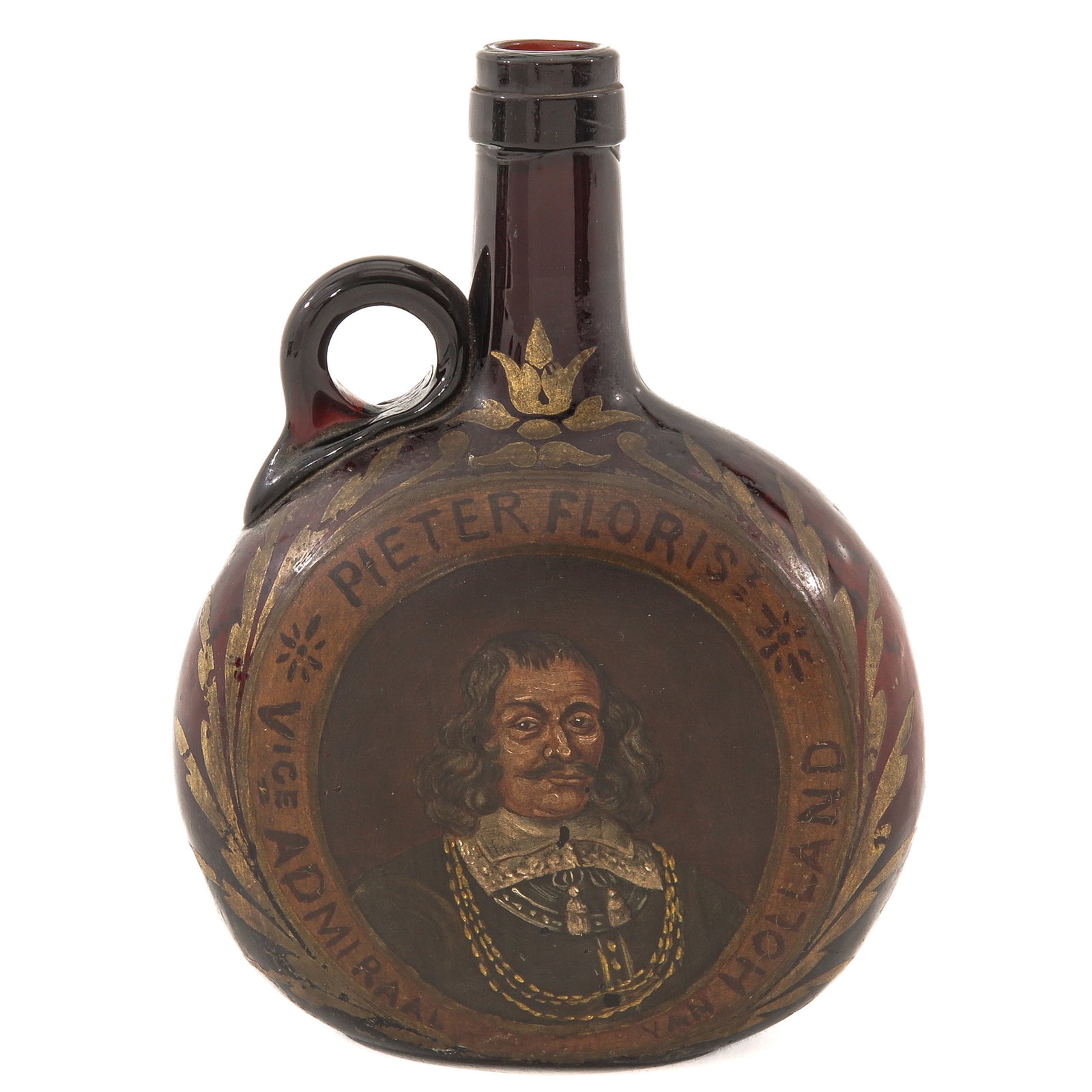 An 18th Century Bottle: 18th century, with painted portrait of Pieter Floris, bearing his portrait and the text Vice Admiraal van Holland, on the front, with a Dutch lion on the reverse, height 20 cm.