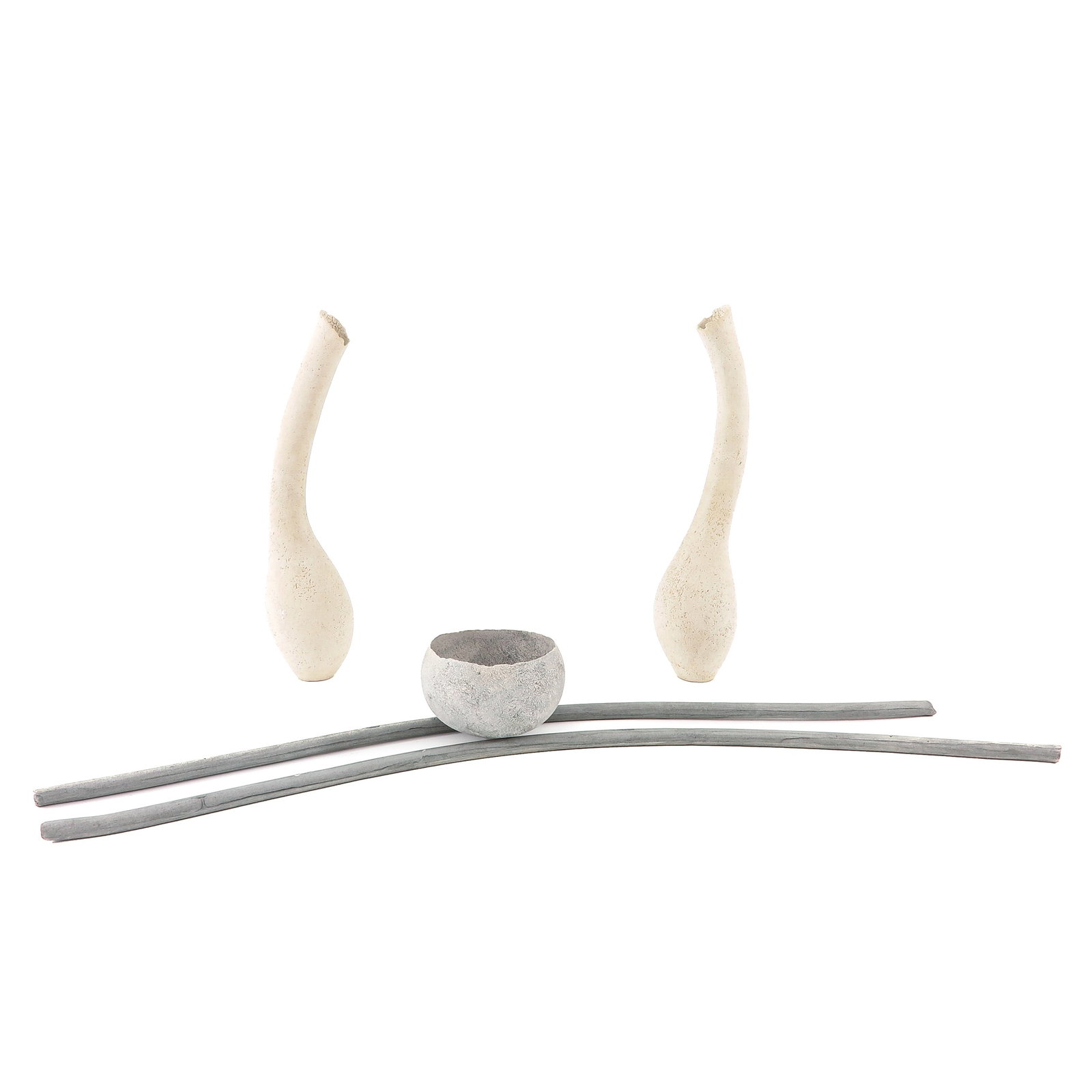 A Group of Anima Roos Pottery: consisting of sticks and a dish by Anima Roos and a pair of double-form vases by Kaat Pauwels, longest object 127 cm.