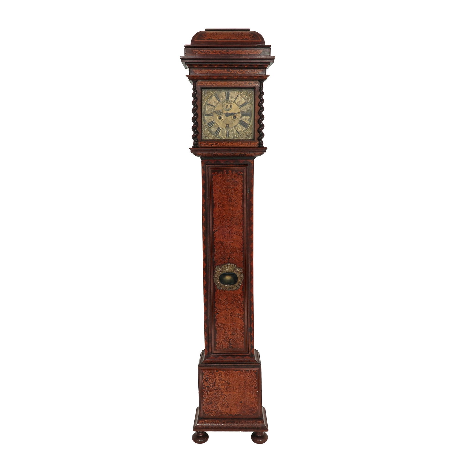 A Longcase Clock: with marquetry-inlay, decor seaweed, signed Jean Brule, London, 18th century, height 229 cm.