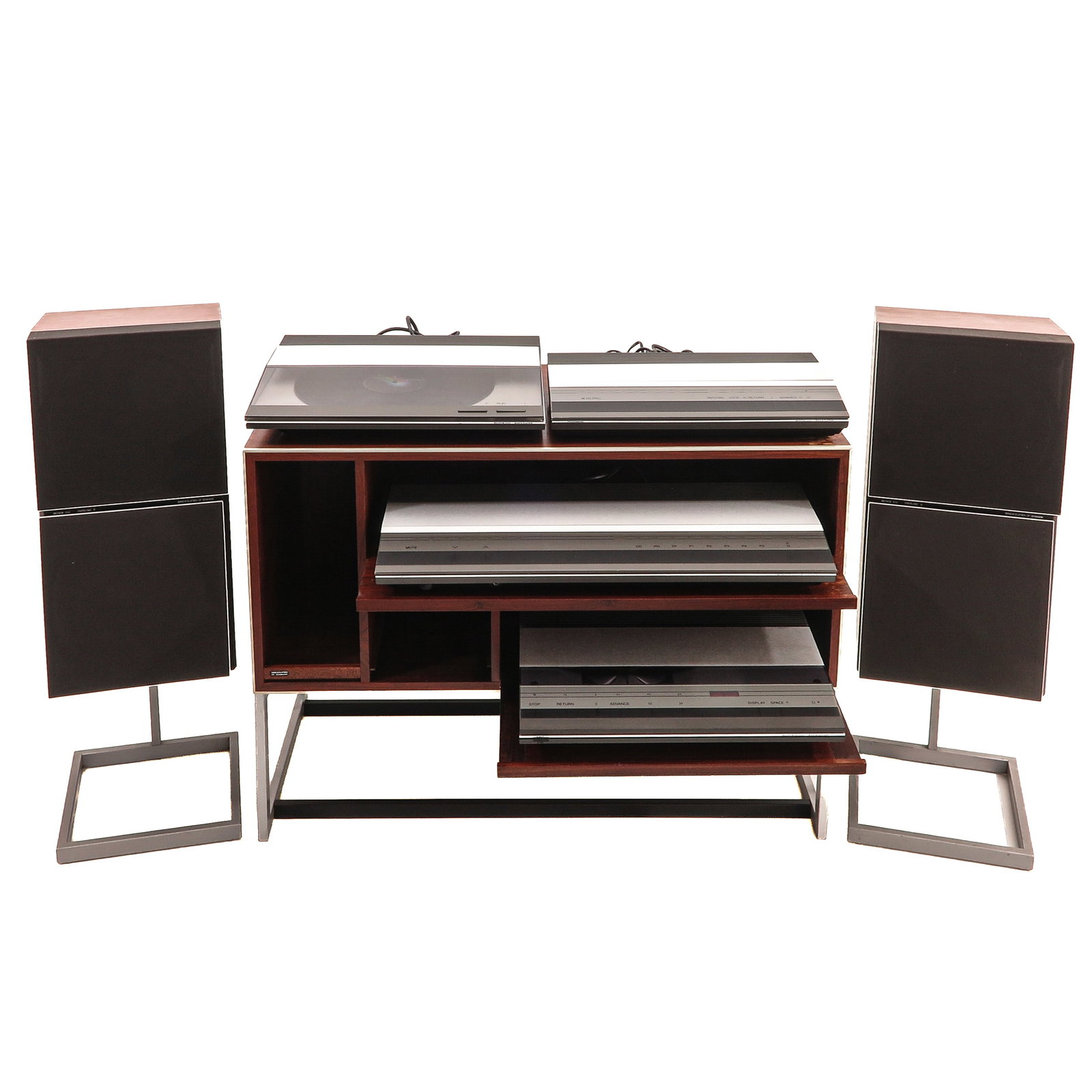 An Audio Set: Bang & Olufsen, consisting of cabinet (86 x 63 x 40 cm.), with components type 2941, 5141, 2957 and 5931, with matching pair of Beovox 550 speakers