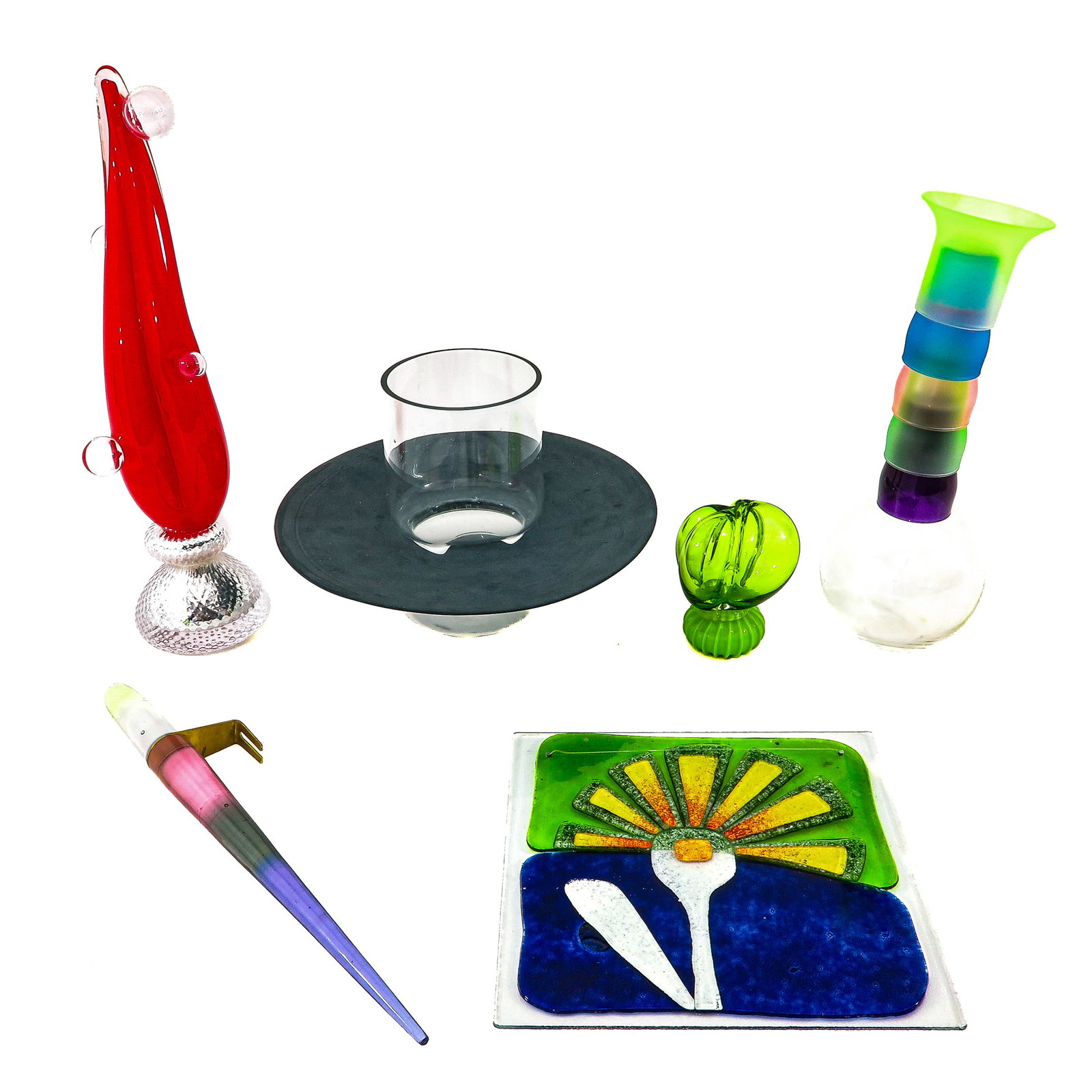 A Collection of Art Glass: consisting of and designed by Barbara Nanning and Hans van Bentem, a dish and vase by Anneke Teijink, the vase DVAAS by Richard Meitner and a window decoration ?78 by Willem Heesen, tallest 50 cm.